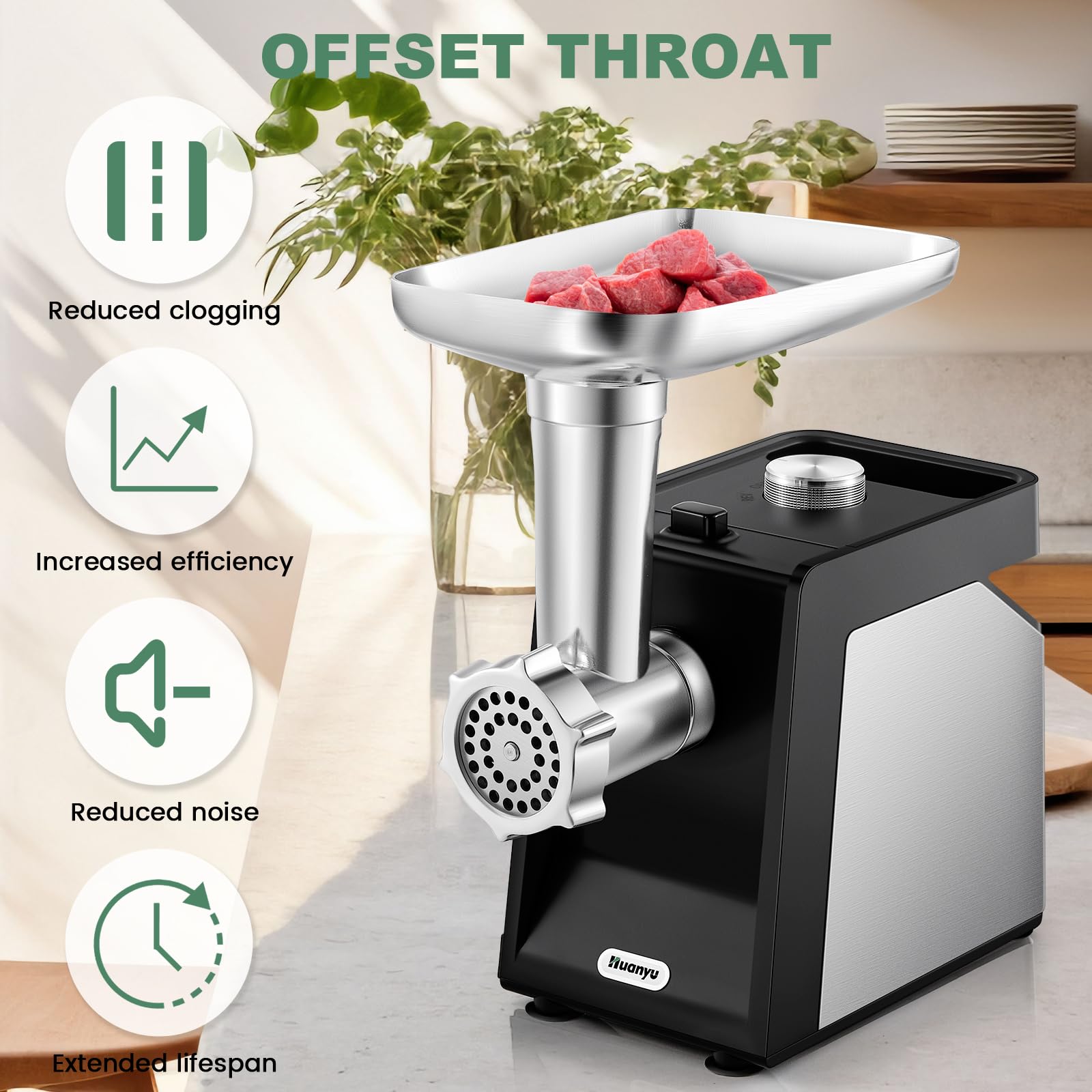 Huanyu 800W Electric Meat Grinder for Home Use - Includes 2 Blades, 4 Plates, Sausage Tube & Kubbe Kit (110V) | Perfect for Grinding Beef, Pork, Making Sausages & Homemade Pet Food