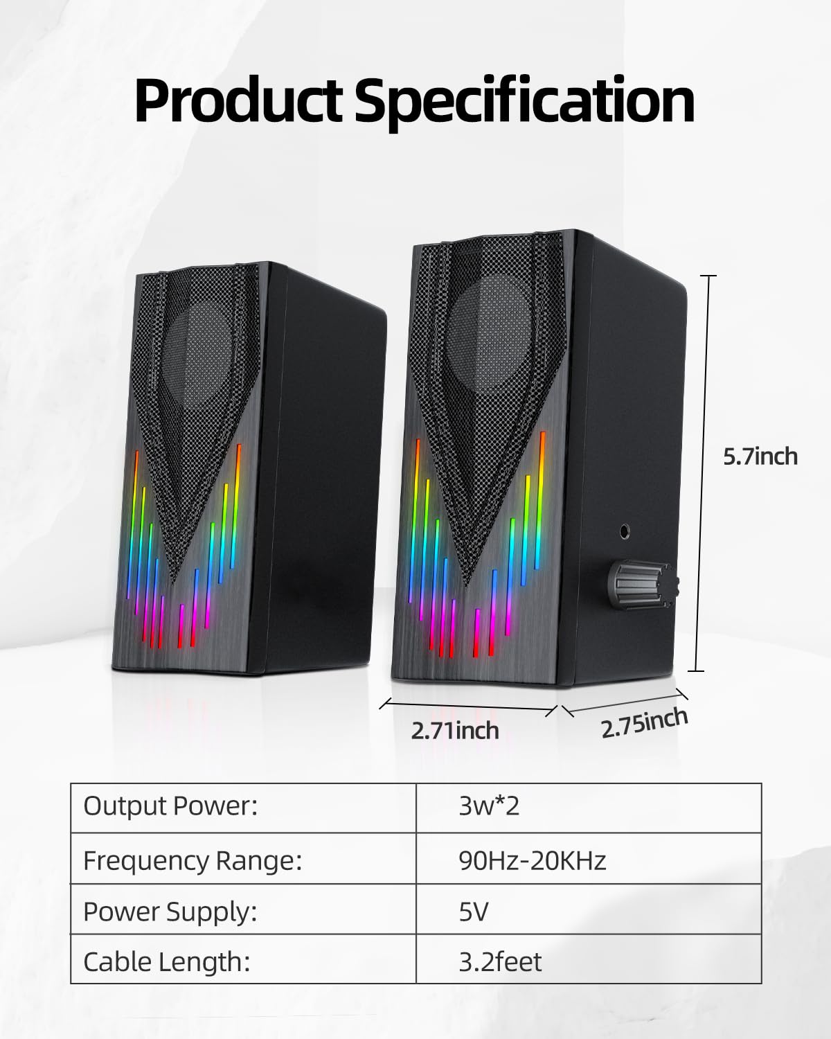 Premium RGB Computer Speakers for PC & Laptop - 6 Color LED Backlit Desktop Speakers with 3.5mm Aux - Compatible with Desktop, Laptop, Tablet & Phone (E1065, Black) - Perfect for Gaming, Home Office & Multimedia Entertainment