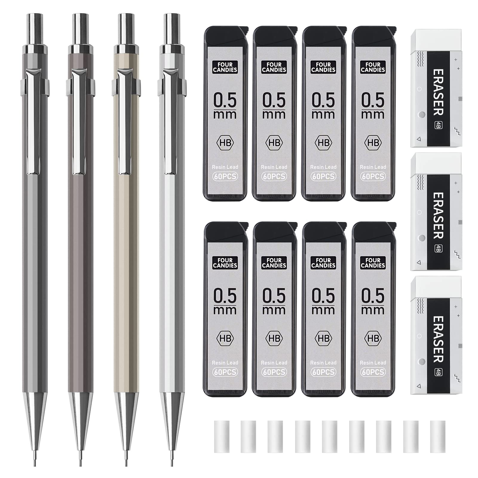 0.5mm Mechanical Pencil Set with Case - 4 Metal Pencils, 8 HB #2 Lead Refills, 3 Erasers & 9 Refills for Writing, Drawing & Sketching - Perfect for Students, Artists & Office Use