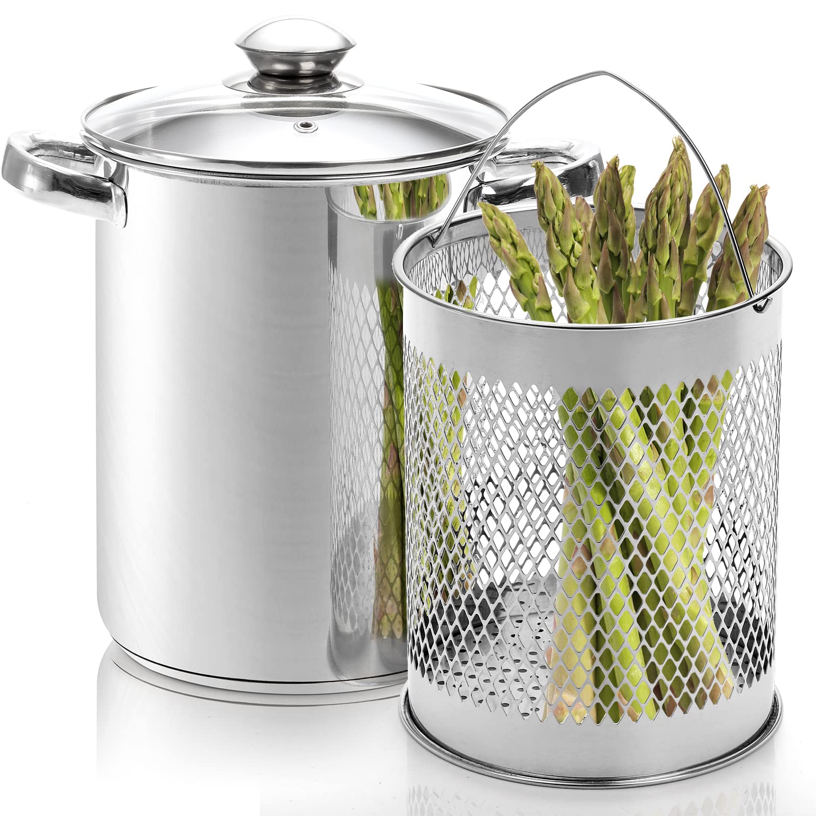 AVLA 4 Quart Stainless Steel Asparagus Steamer Pot with Removable Basket & Lid - Perfect for Cooking Vegetables, Pasta, Spaghetti, Boiled Eggs, Shrimp & French Fries - Ideal for Home Kitchen, Meal Prep & Healthy Cooking