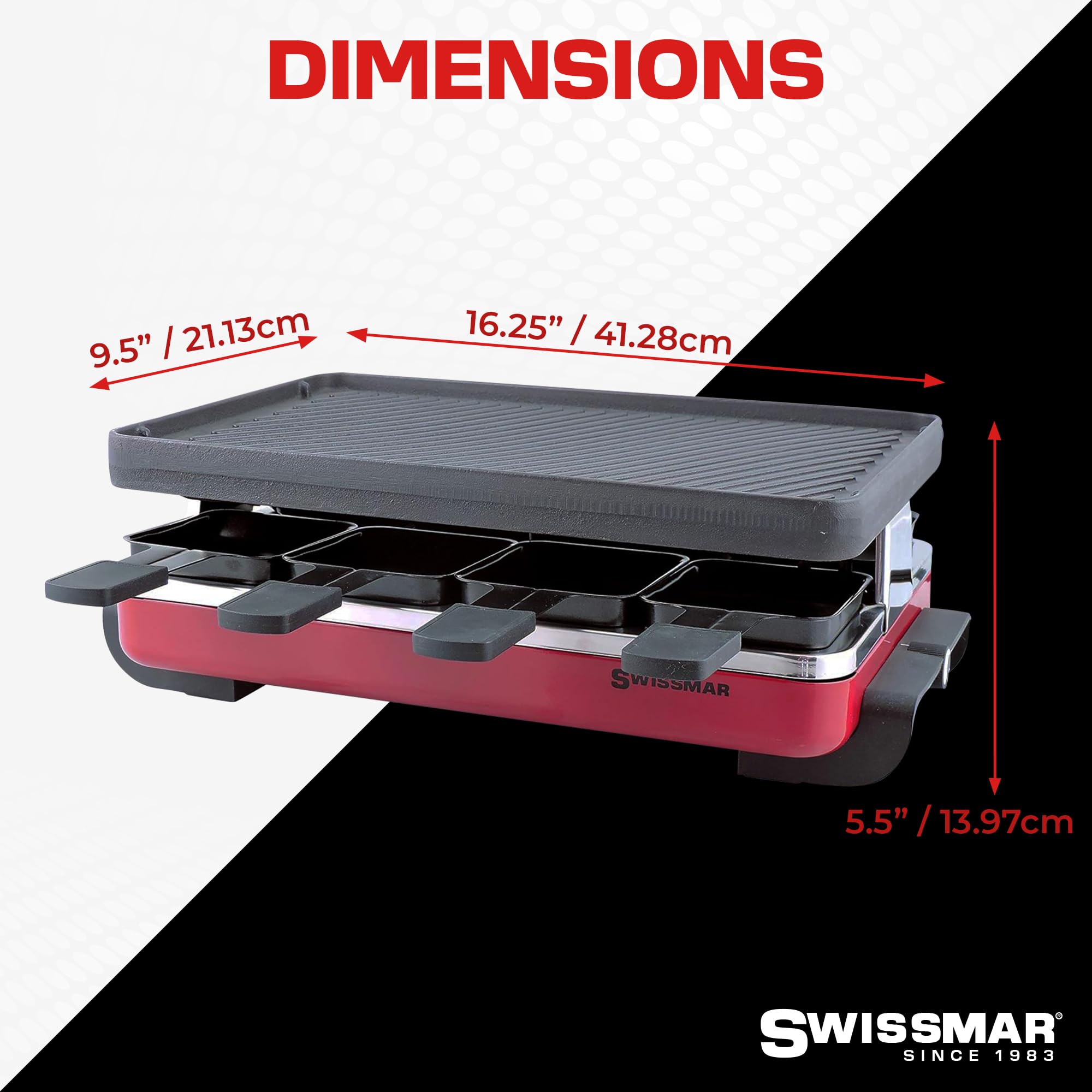 Swissmar Classic 8-Person Electric Raclette Grill with Reversible Cast Iron Grill Plate & Crepe Top - Indoor Party Grill for Family Gatherings & Holiday Entertaining - Red