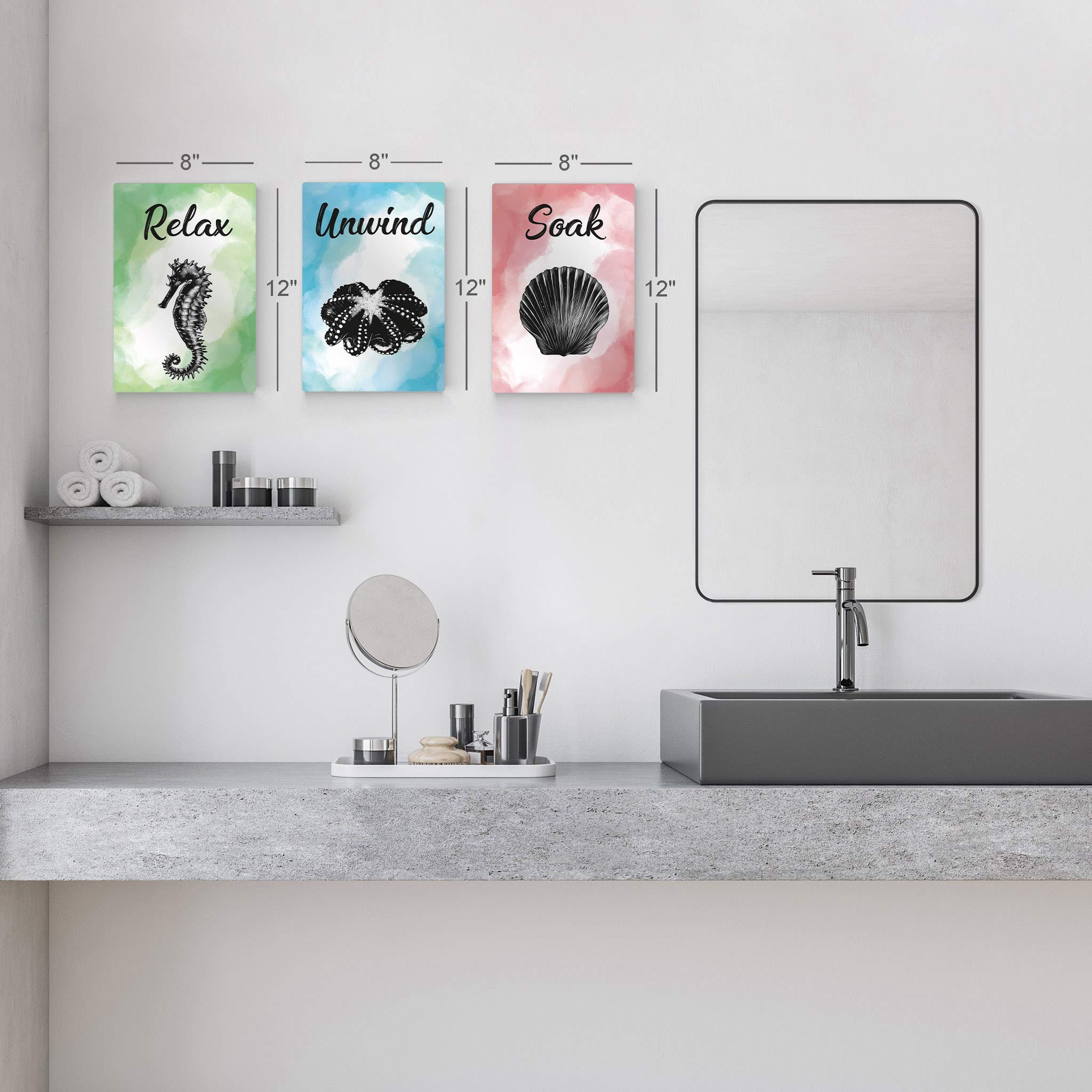Smile Art Design 3-Piece Metal Print Set - Relax Soak Unwind Quote Bathroom Wall Decor, Funny Toilet Sign, Ready to Hang (12x8 inches) - Perfect for Bathroom, Powder Room & Spa Decor