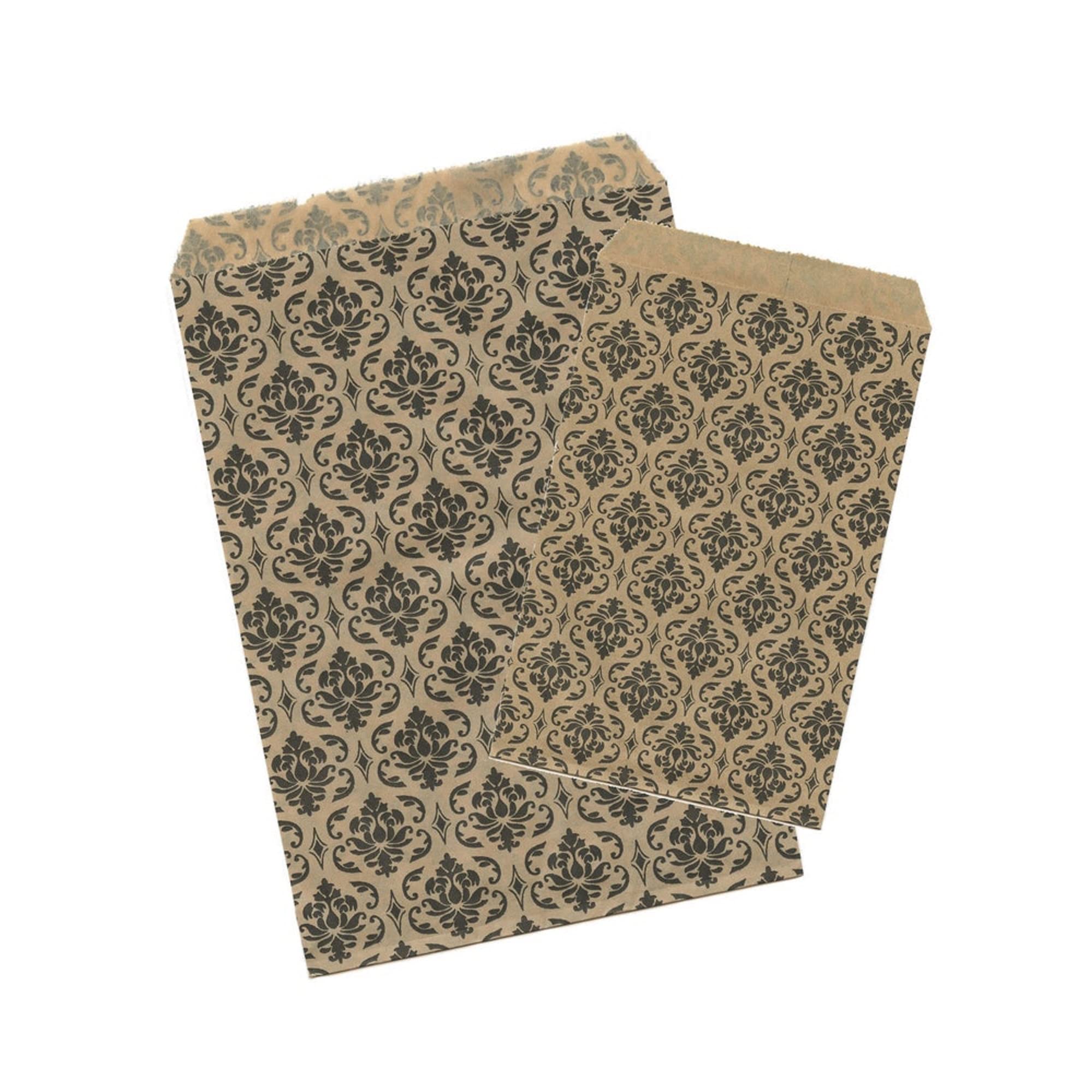 200 Pack Brown & Black Damask Paper Gift Bags 6x9 Inches - Bulk Tote Bags for Shopping, Parties, Weddings & Retail Packaging | Eco-Friendly & Elegant Design