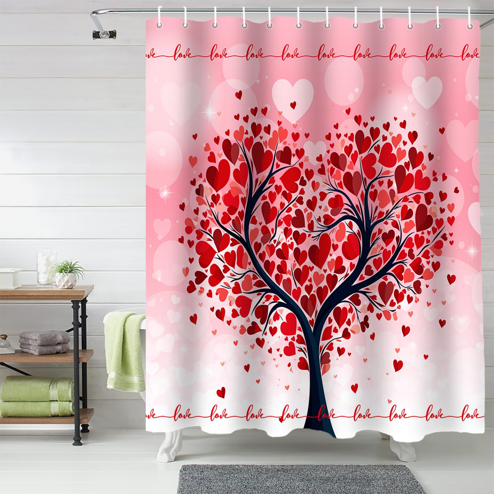 Valentine's Day Shower Curtain - Red Pink Love Heart Design, Waterproof Bathroom Decor with Tree Branch & Balloon Pattern, Includes Hooks, Standard Size 72x72 Inches - Perfect for Romantic Bathroom Makeover & Valentine's Gift
