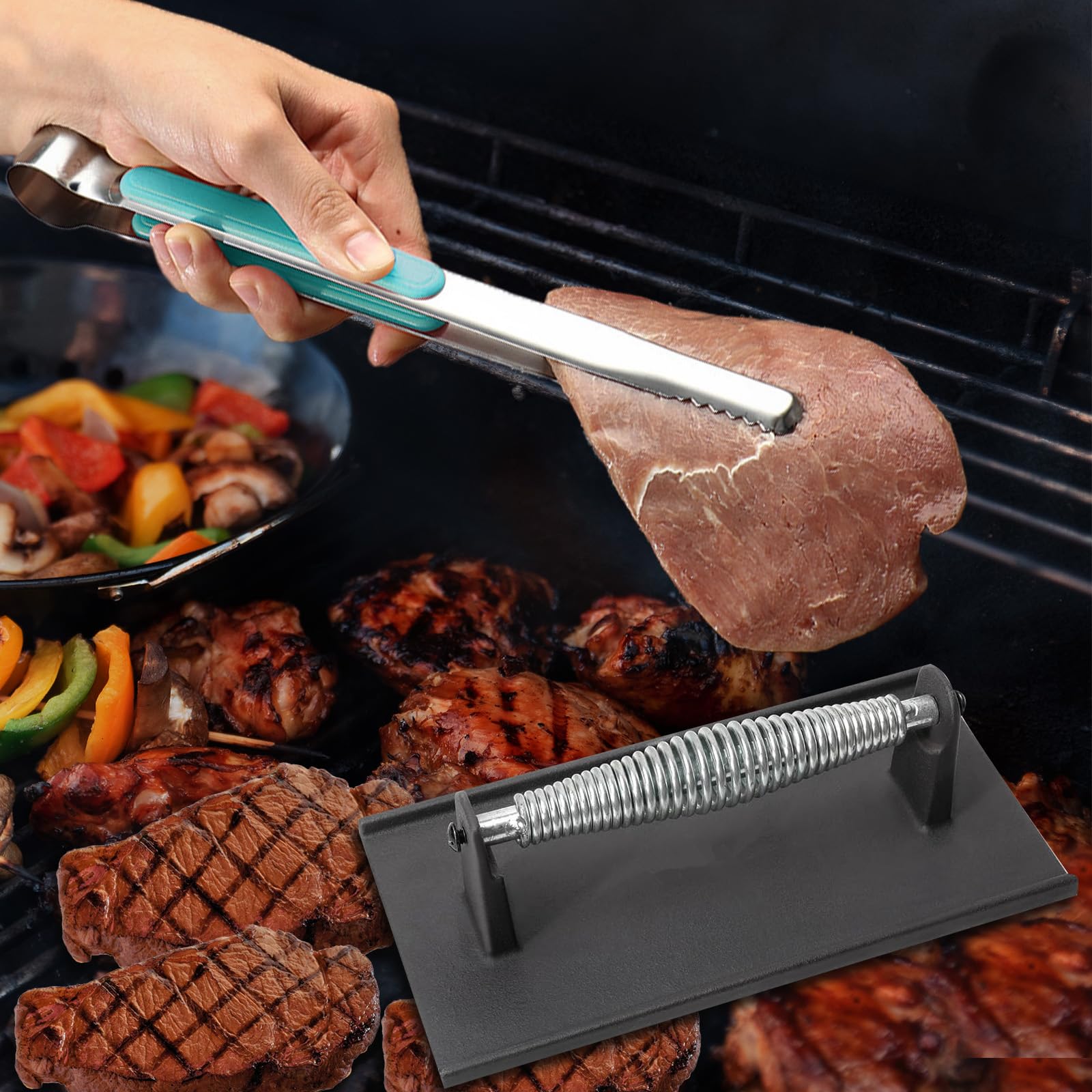 Premium Heavy Duty Cast Iron Steak Weight & Bacon Press with Stainless Steel Spring Handle - 304 Stainless Steel Grill Press for Steak, Pancakes, Burgers - Perfect for BBQ, Griddle Cooking & Outdoor Grilling