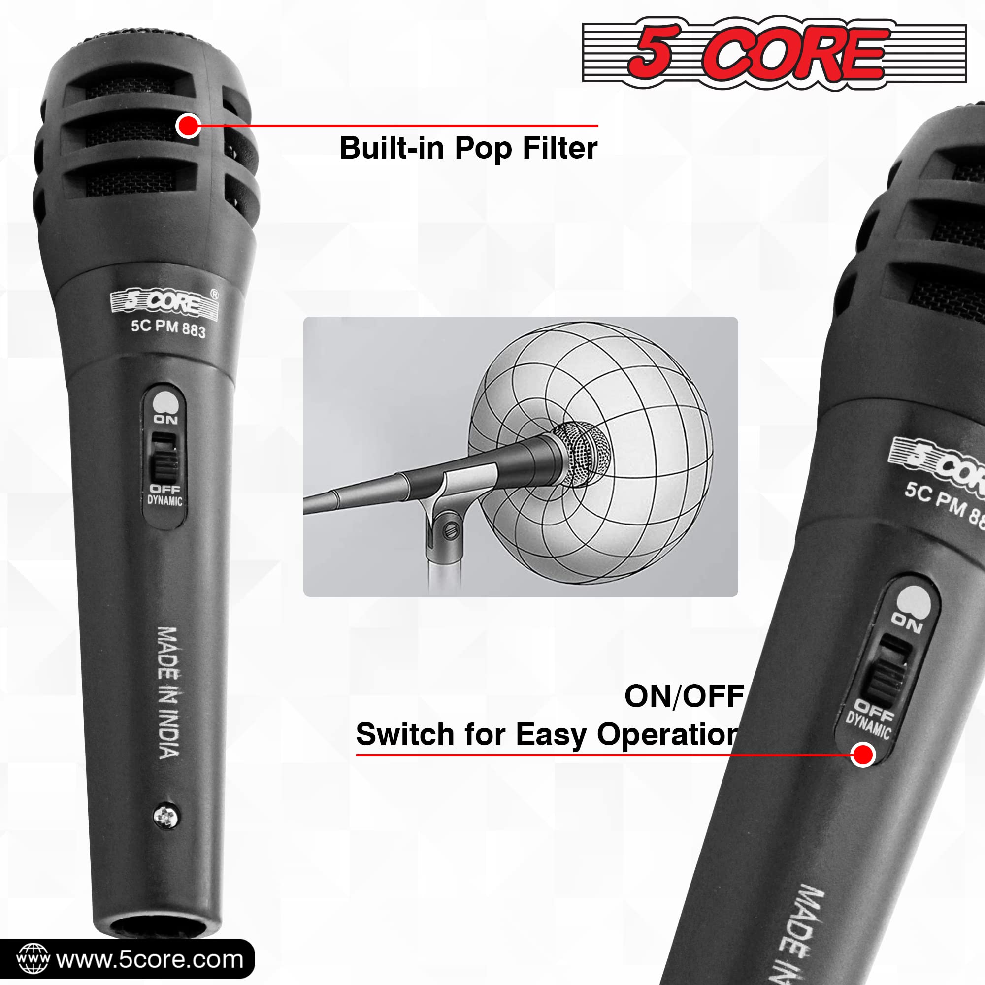 5 CORE Dynamic Vocal Microphone - Cardioid Unidirectional Handheld Mic with On/Off Switch & XLR Cable for Singing, Karaoke, Live Performances & Studio Recording (Model PM-883)