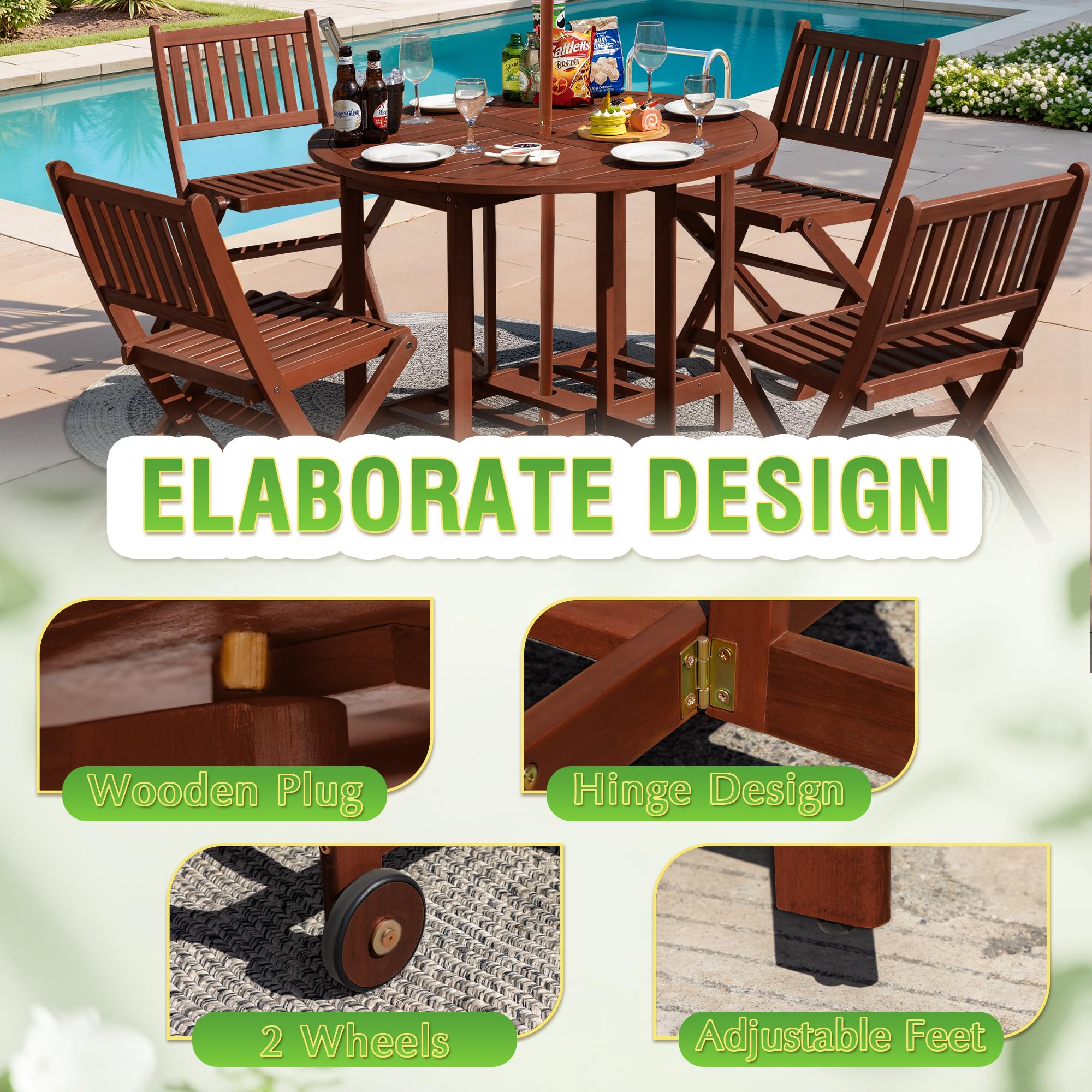 Greesum 5-Piece Outdoor Dining Set - Acacia Wood Patio Furniture with Folding Round Table & Chairs - All-Weather Backyard, Balcony, Porch, Deck & Garden Furniture Set (Dark Brown) - Perfect for Outdoor Entertaining, Family Gatherings & Relaxing in Your Garden