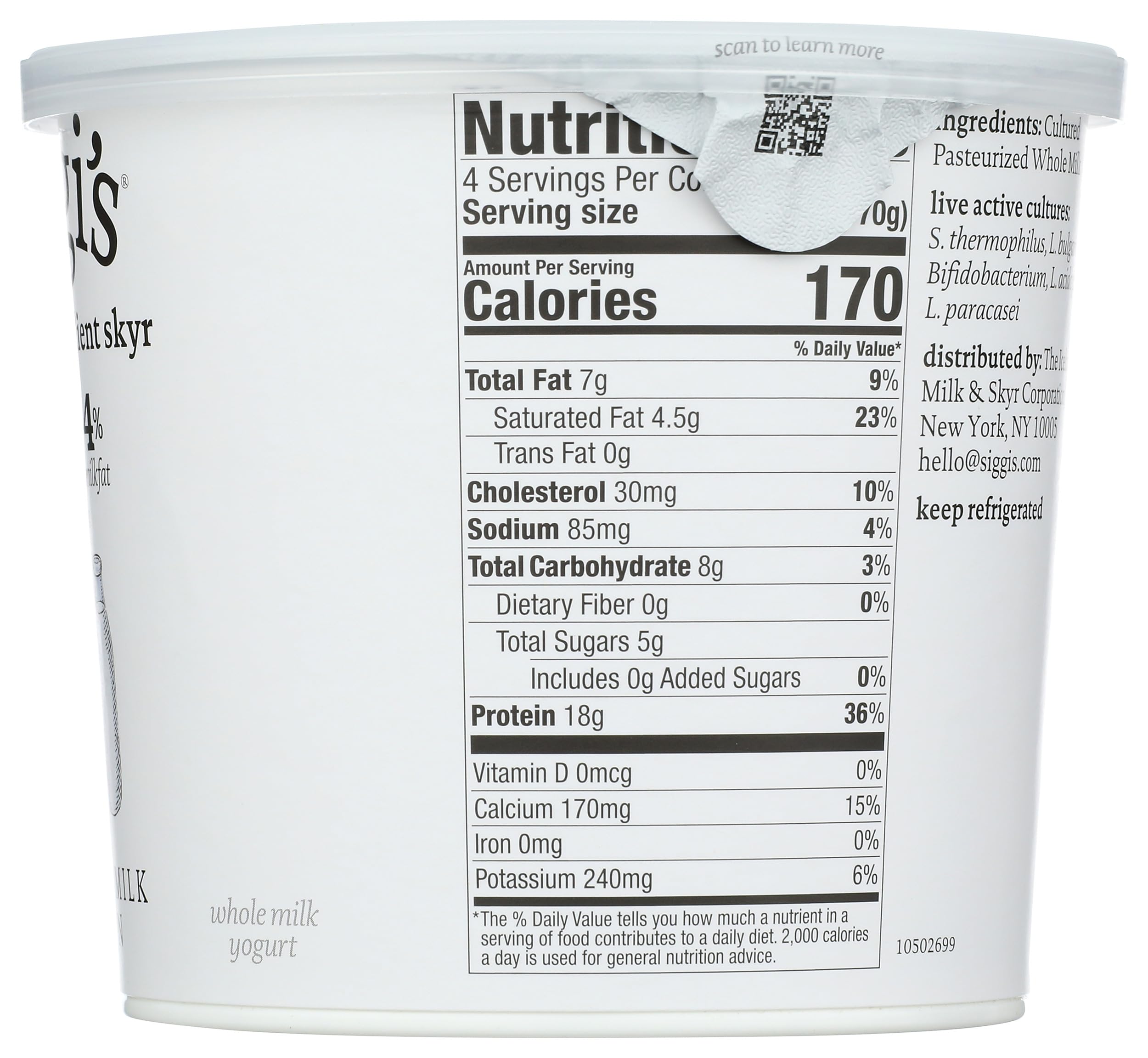 Siggi’s Icelandic Strained Whole Milk Yogurt, Plain, 24 OZ – High Protein, Low Sugar, Thick & Creamy Yogurt for Healthy Snacks, Breakfast & Smoothies