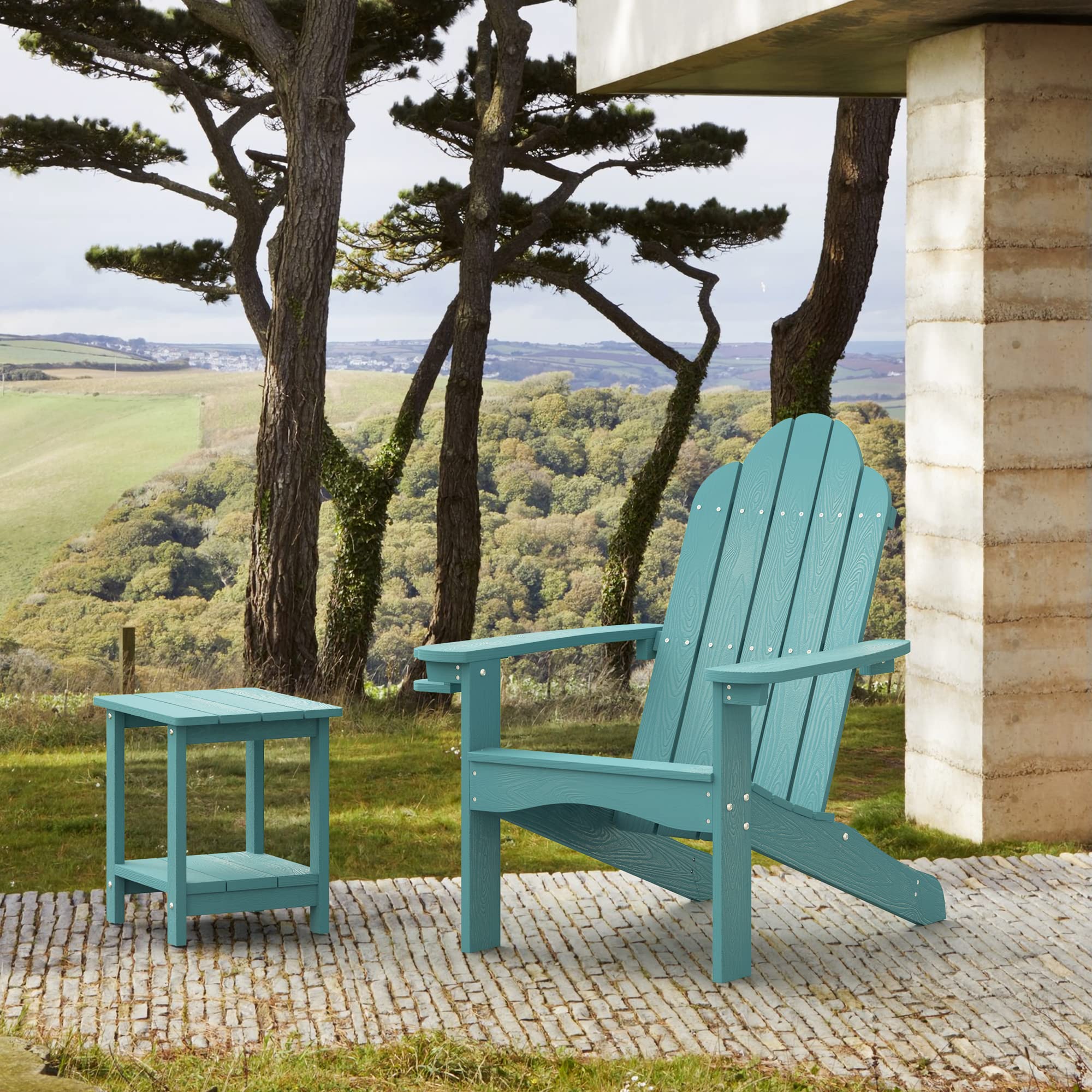 Premium LUE BONA HDPS Adirondack Chairs Set of 4 - Heavy Duty 350LBS Capacity Weather-Resistant Outdoor Patio Furniture with Cup Holder, Modern Plastic Chairs for Deck, Porch & Backyard - Relaxing by Fire Pit & Poolside (Blue Turquoise)