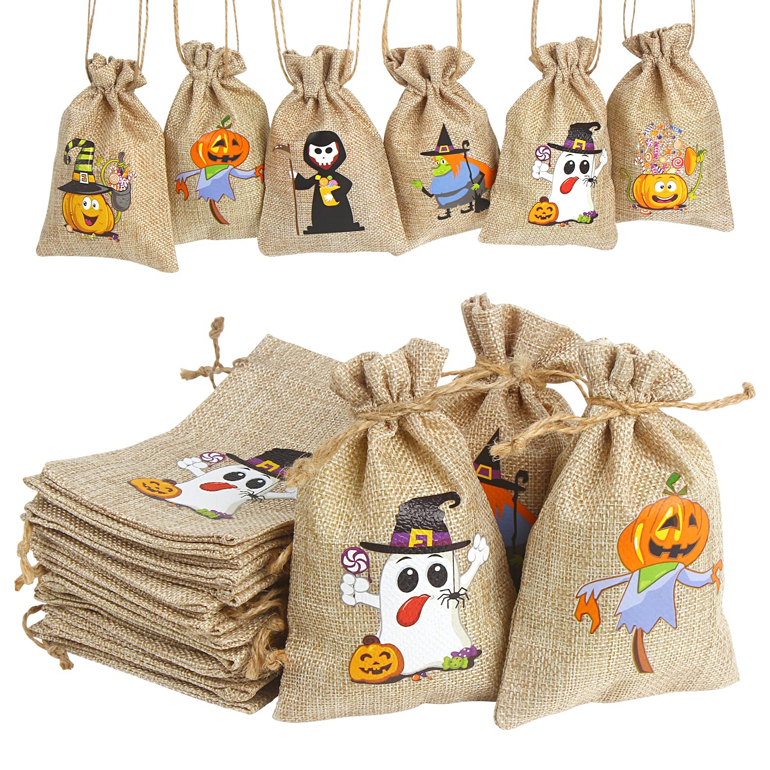LOKIPA 24 Pack Halloween Burlap Gift Bags with Drawstring - Small Jute Pouches for Kids & Adults - Perfect for Party Favors, Trick or Treat, and Holiday Gift Wrapping