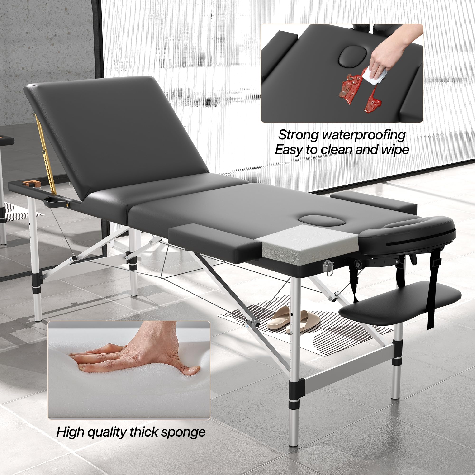 Portable 3-Section Foldable Massage Table - Adjustable Height Tattoo & Lash Spa Bed with Face Cradle | Lightweight Aluminum Frame Salon Bed for Home & Professional Use | Perfect for Massage Therapists, Tattoo Artists & Beauty Salons