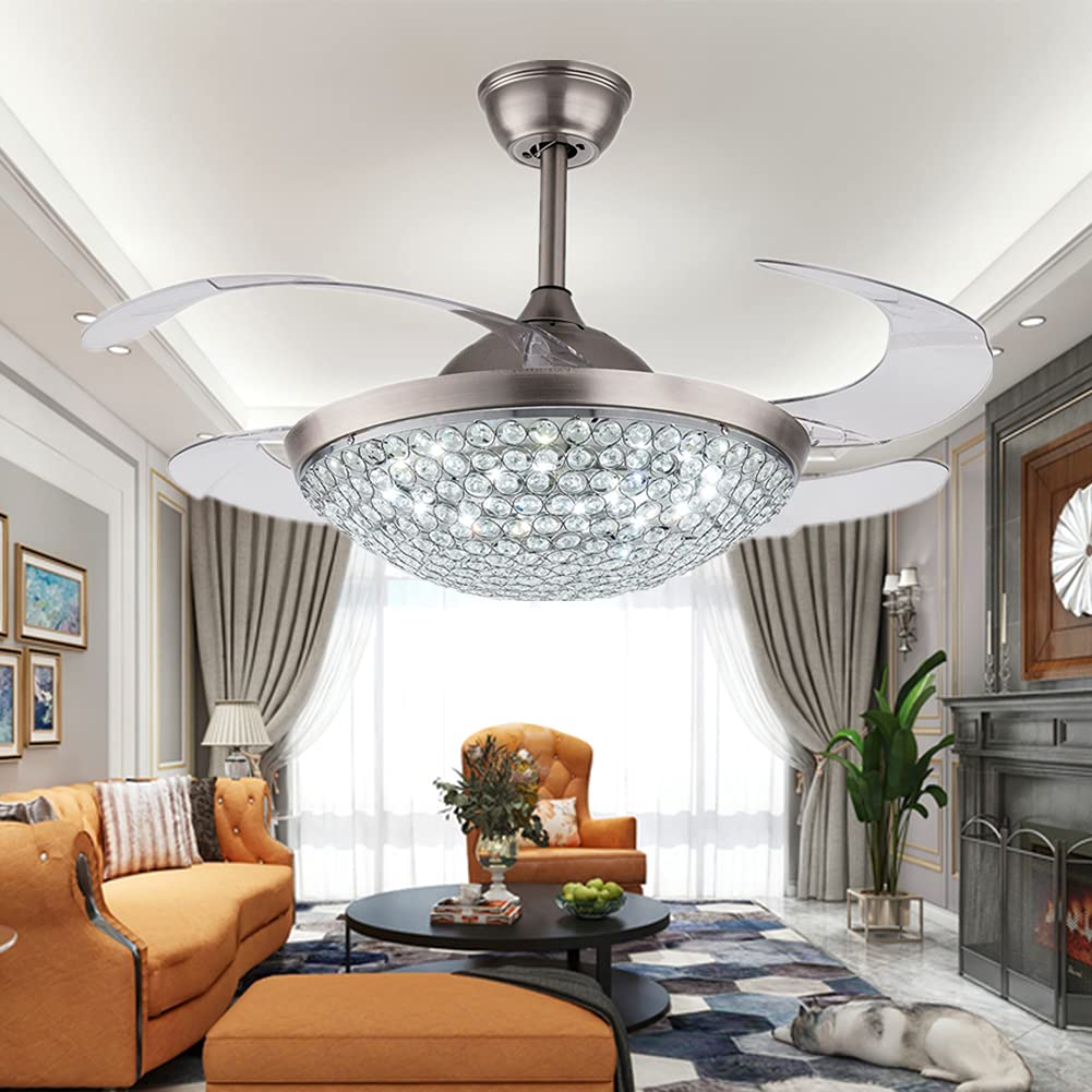 Modern Crystal Ceiling Fan with LED Lights & Remote Control - 42