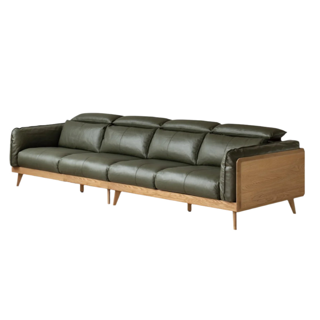 115.7x42.5x33.4 inch / 294x108x85 cm / Natural wood color / small four-seater leather dark green