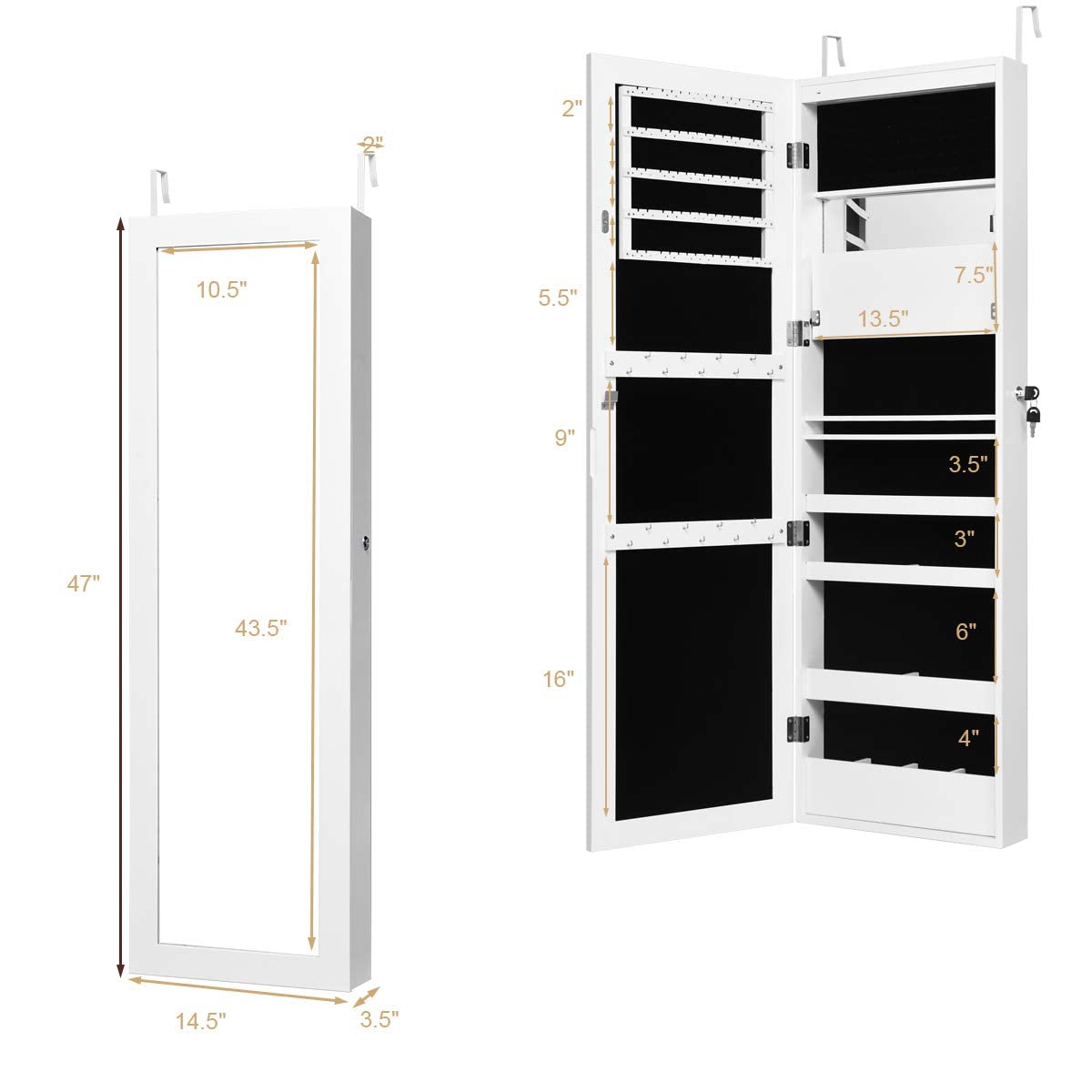MAT EXPERT 15-LED Lighted Jewelry Armoire with Full-Length Mirror - Wall/Door Mounted Lockable Jewelry Cabinet Organizer for Bedroom, Dressing Room & Makeup Display - White Jewelry Storage Solution for Necklaces, Rings & Accessories