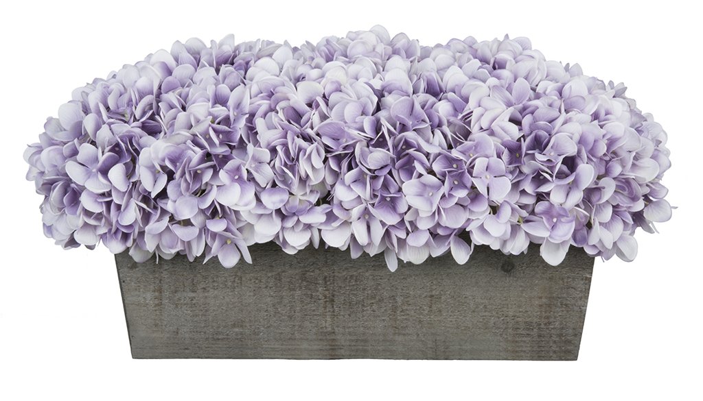 Artificial Hydrangea Silk Flowers in Grey-Washed Wood Ledge - Lavender Color for Home Decor, Wedding Centerpieces & Office Arrangements