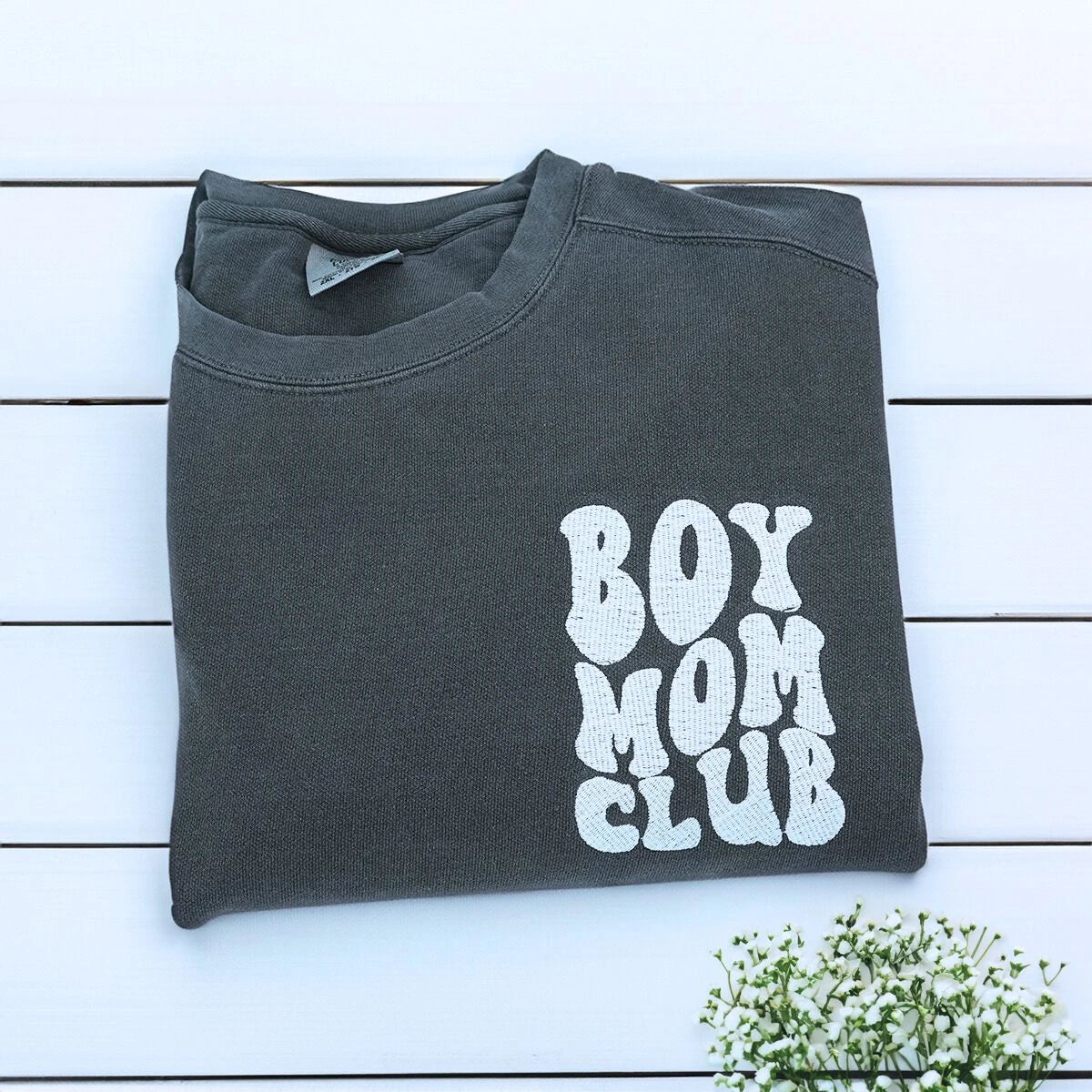 Custom Embroidered Boy Mom Club Sweatshirt & T-Shirt with Kids Names on Sleeve - Perfect for Family Matching Outfits, Mother's Day Gifts & Proud Mom Apparel