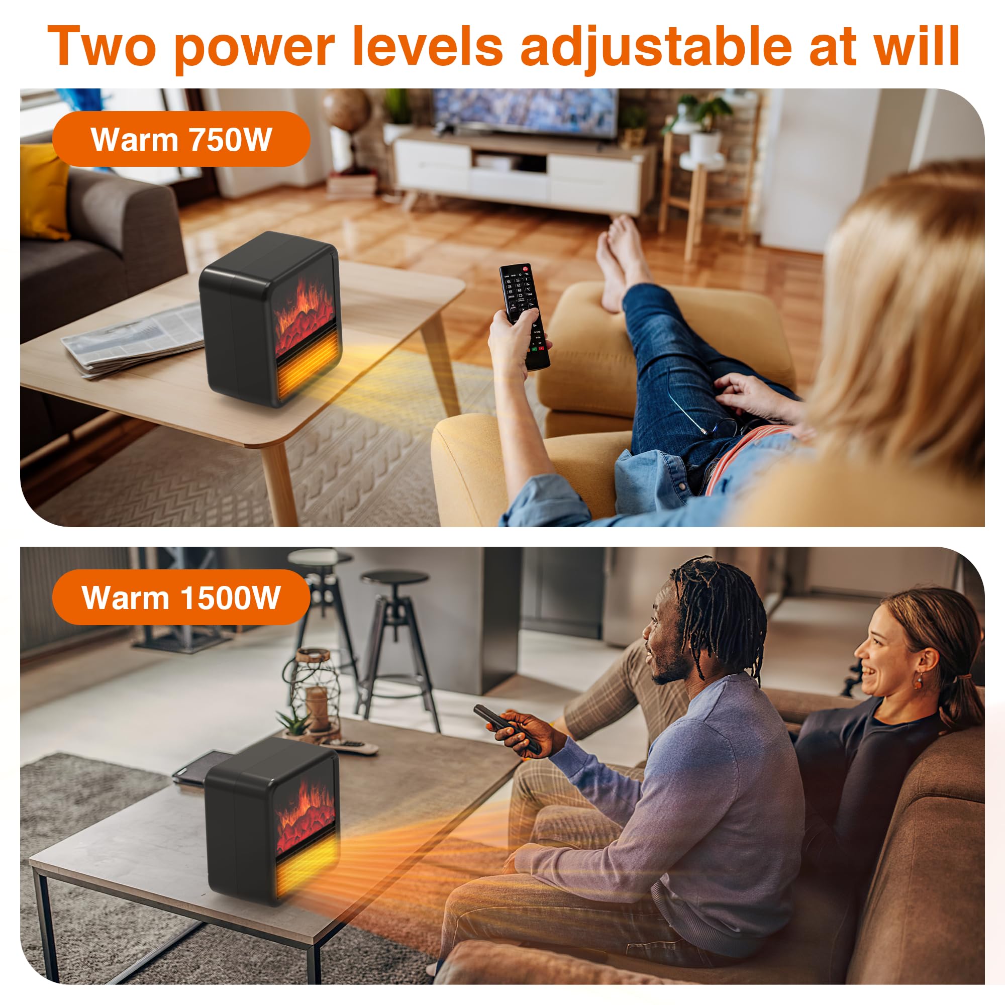 Small Portable Space Heater with Realistic 3D Flame - 1500W/750W PTC Ceramic Heater, Thermostat & Tip-Over Protection - Mini Electric Fireplace for Bedroom, Office & Indoor Use - Black