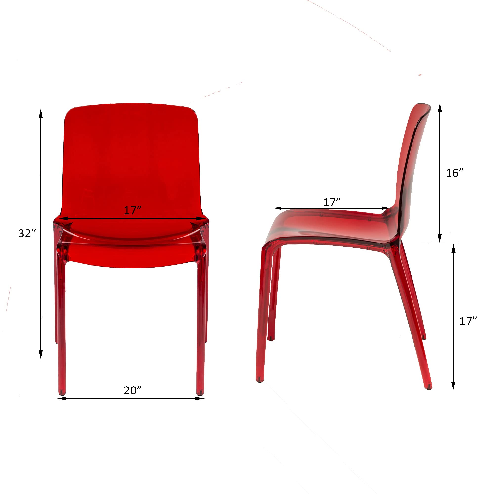 LeisureMod Adler Mid-Century Modern Dining Chair Set of 2 - Transparent Red Acrylic Contemporary Design for Kitchen, Dining Room & Home Decor | Perfect for Modern Interior, Restaurant Style Seating & Entertaining Guests