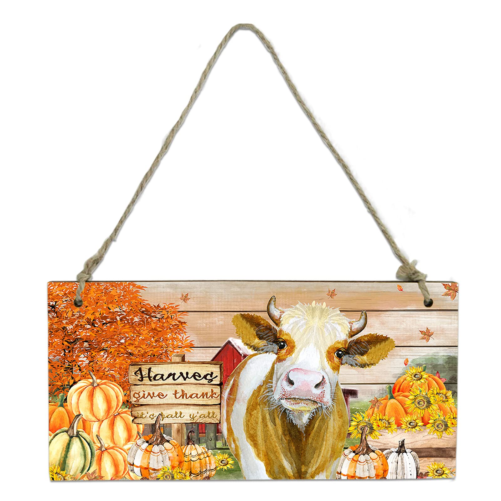 Farmhouse Thanksgiving Wooden Plaque Sign - Cow & Pumpkin Decor for Door Hanging - 8x4 Inch Rustic Barn Wall Decor with Ropes - Perfect for Porch, Entryway, and Farmhouse Style Home Decor