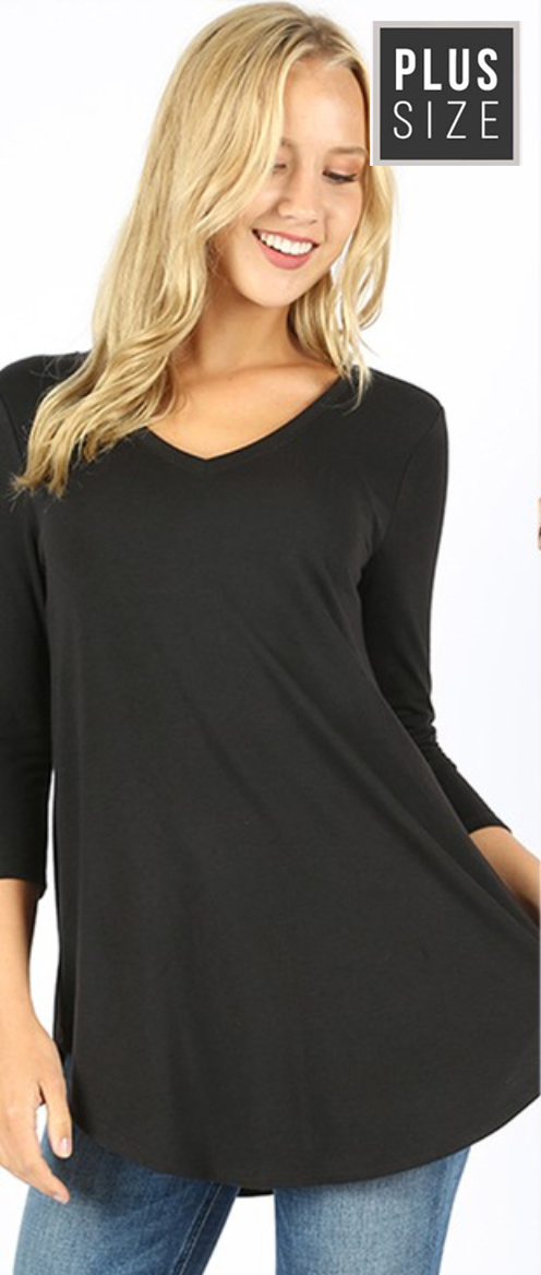 Plus Size 3/4 Sleeve V Neck Scoop Front & Back Flowy Blouse - Comfortable Women's Tops for Work, Casual Outfits & Special Occasions