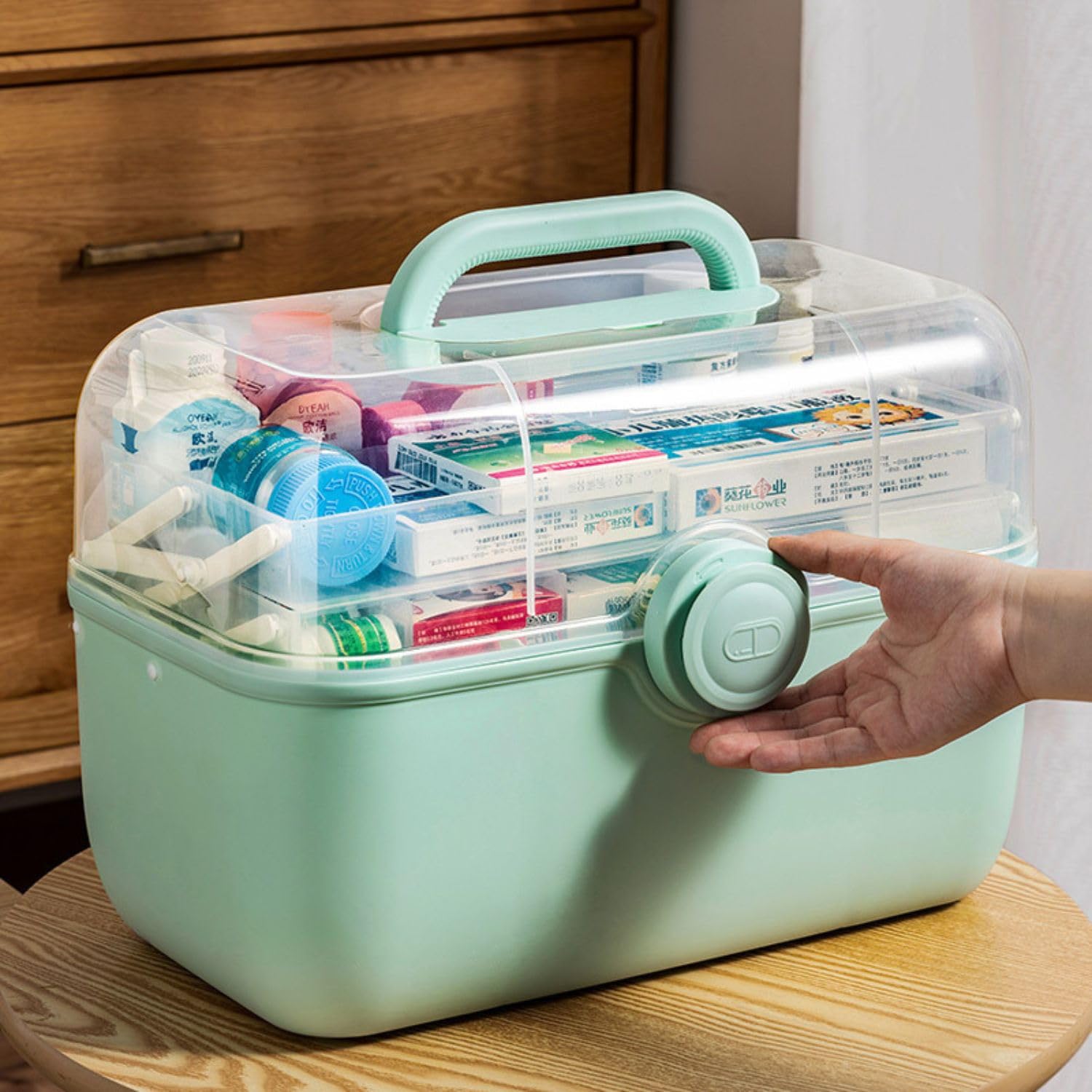3-Tier Foldable Plastic Medical Storage Organizer with Removable Pill Cases - Portable First Aid Kit Box for Medicine, Art Supplies & Emergency Storage - Green (Ideal for Home, Travel & Emergency Preparedness)