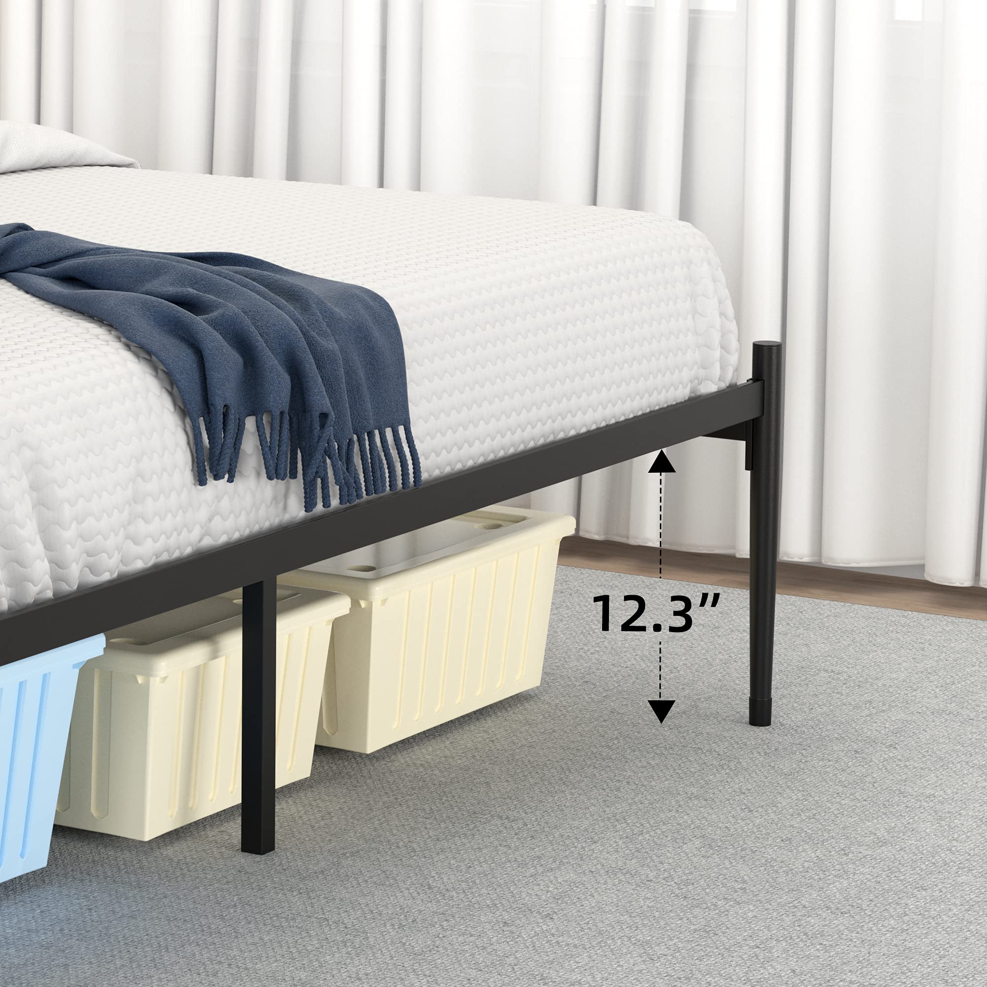 Queen Size Platform Bed Frame with Metal Headboard - Sturdy Mattress Foundation with Slat Support, 12.3