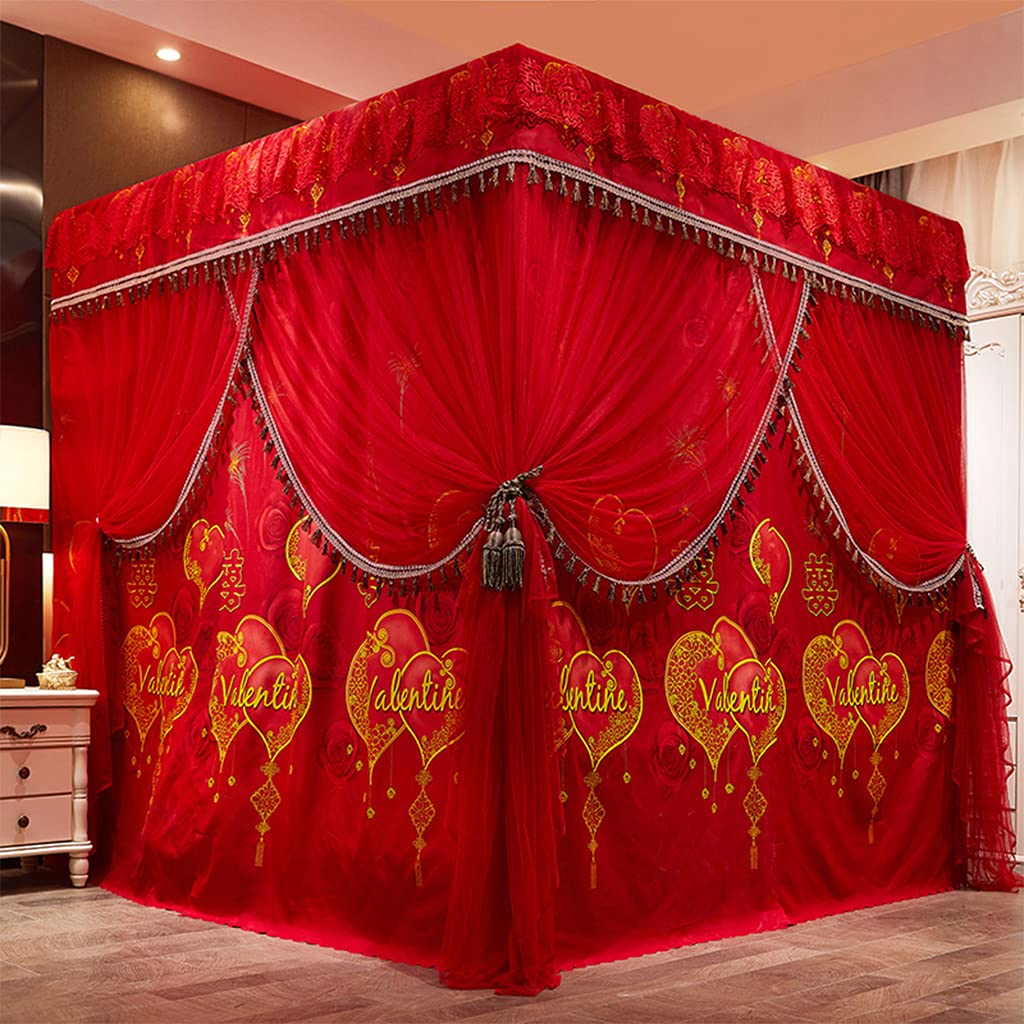 Princess 4 Corner Post Bed Canopy & Cute Mosquito Net for Girls - Twin/Full/Queen/King Size Bedroom Decor (Red, Queen) - Perfect for Kids Rooms, Adult Bedrooms & Fairy Tale Themed Weddings