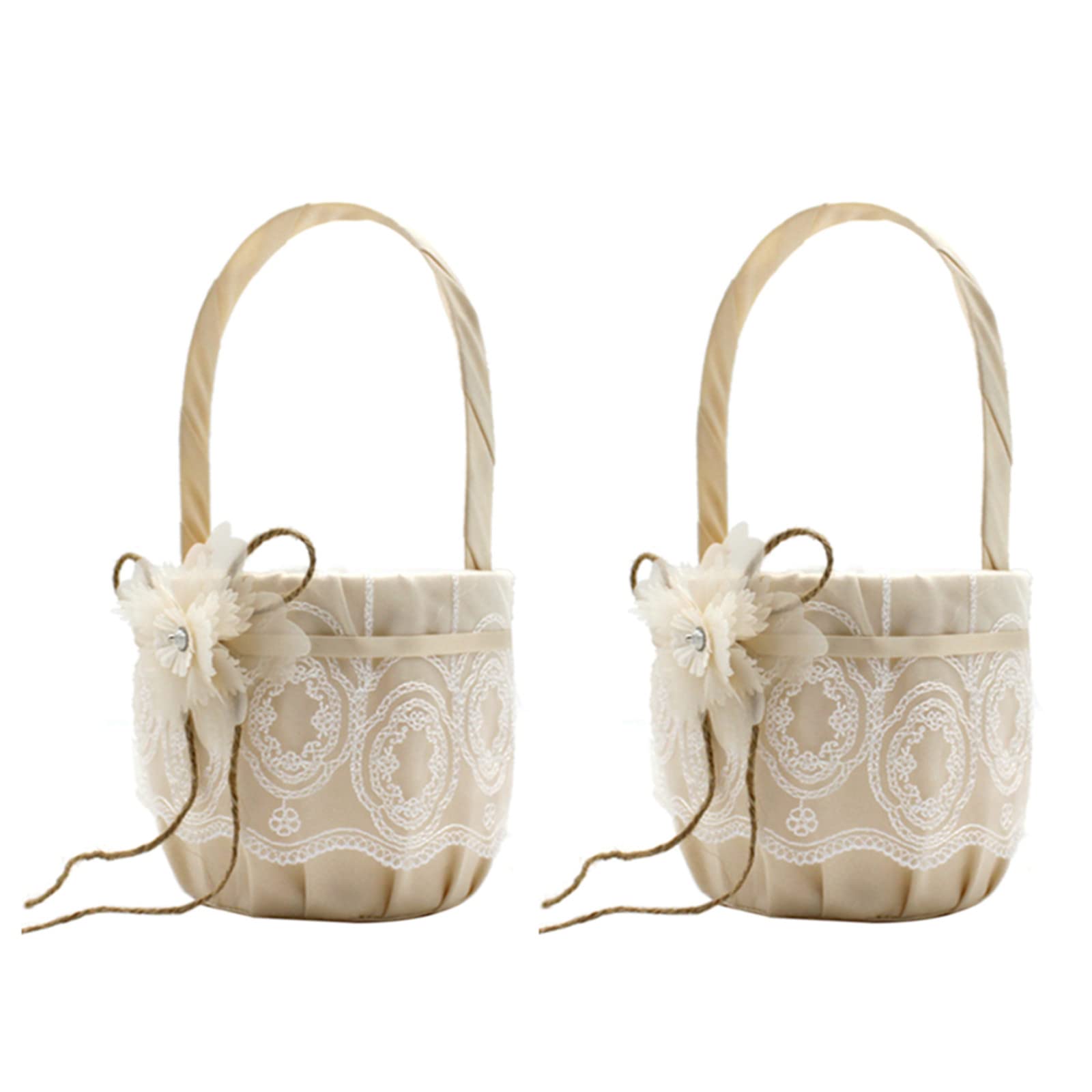Rustic Flower Girl Baskets 2 Pack - Lace & Satin Decorated Wedding Basket with Bowknot for Western Weddings, Anniversaries & Ceremonies (Champagne) - Perfect for Flower Girls, Bridal Showers & Romantic Events