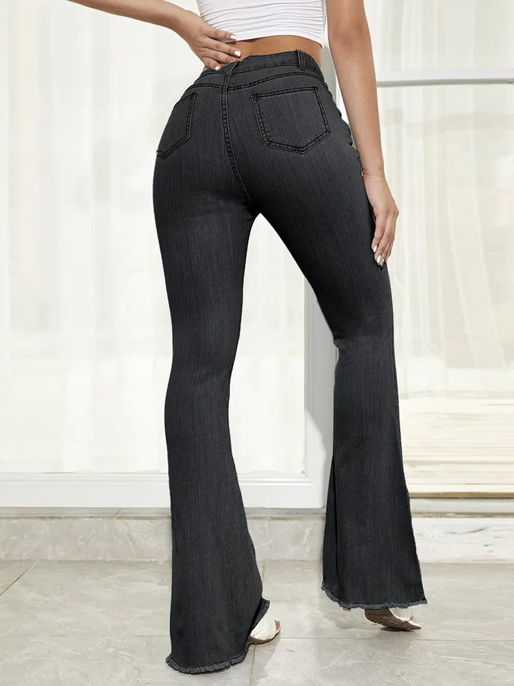 Benuynffy Women's High Waist Button Fly Raw Hem Flare Jeans - Slim Fit Full Length Denim Pants for Autumn Fashion | Perfect for Casual Outings, Date Nights & Office Wear