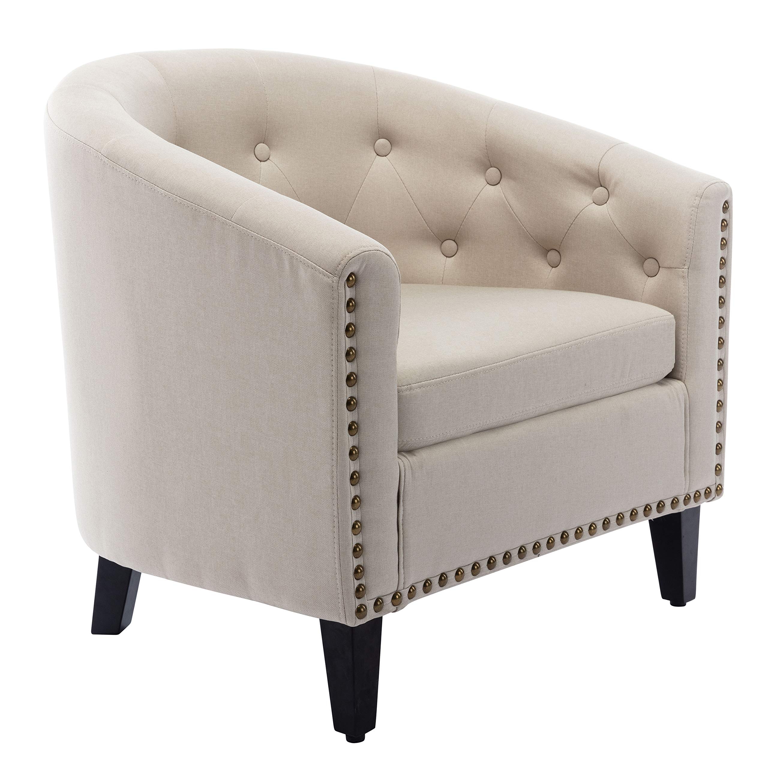 Modern Linen Fabric Tufted Barrel Chair - High Back Accent Armchair with Wooden Legs & Padded Armrests for Living Room, Bedroom or Office - Comfortable Club Tub Chair in Beige for Relaxing & Home Decor