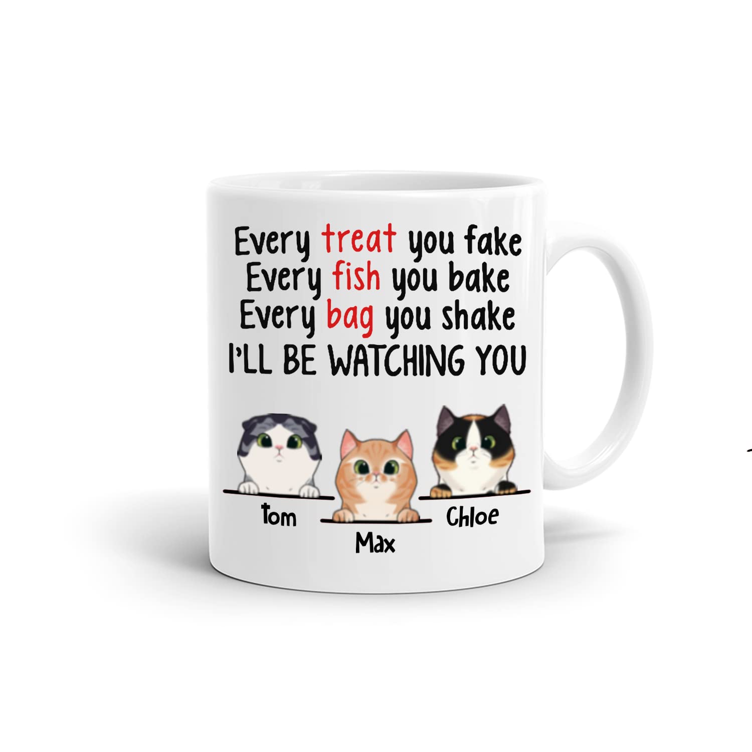 Personalized Funny Cat Coffee Mug - Custom 'Every Fish You Bake I'll Be Watching You' Design - 11oz White Ceramic Cup for Cat Lovers, Pet Parents - Choose Cat Breed & Name - Perfect Gift for Cat Moms & Dads - Great for Coffee, Tea, or Office Use