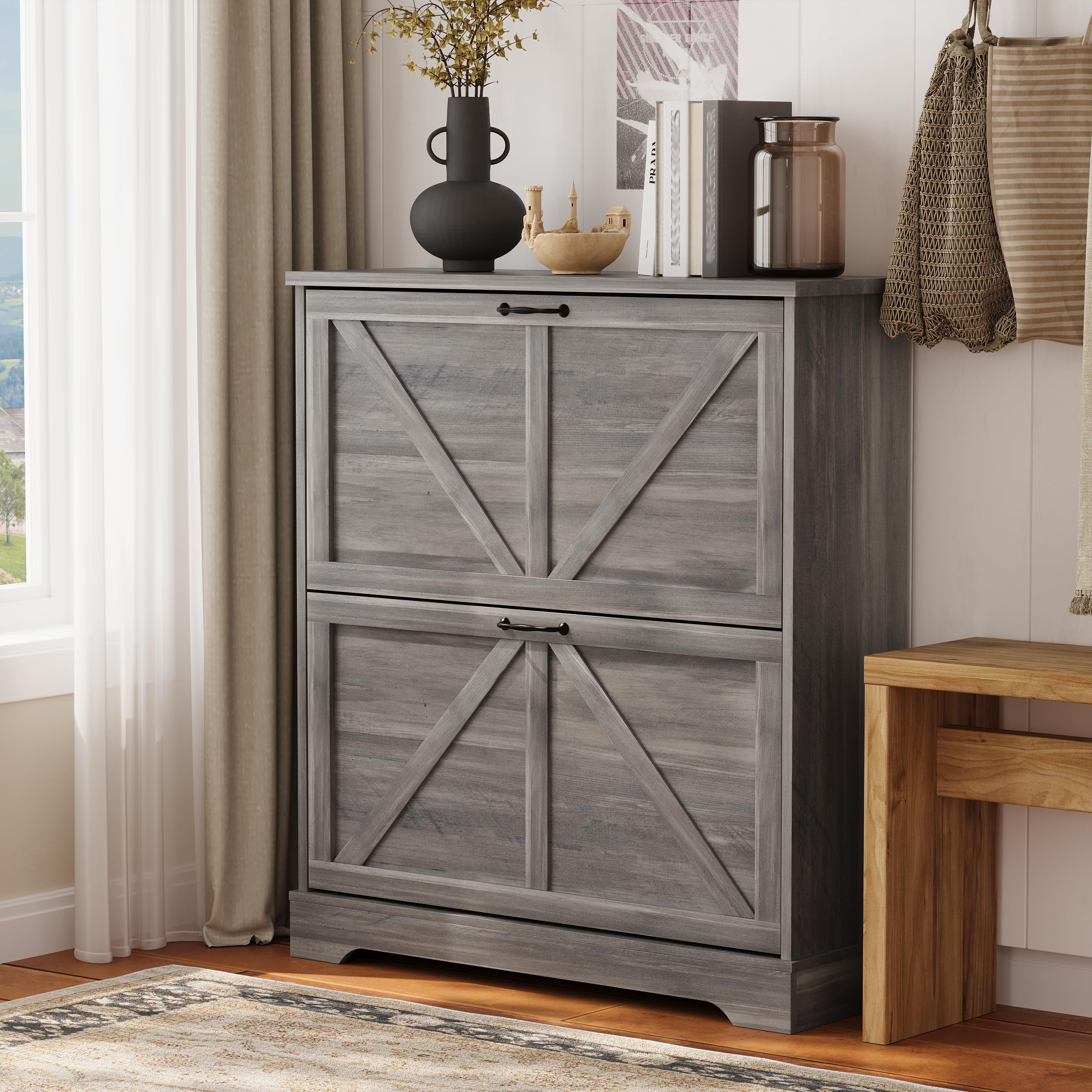 Semiocthome Farmhouse Shoe Storage Cabinet with 2 Flip Drawers - 31.5