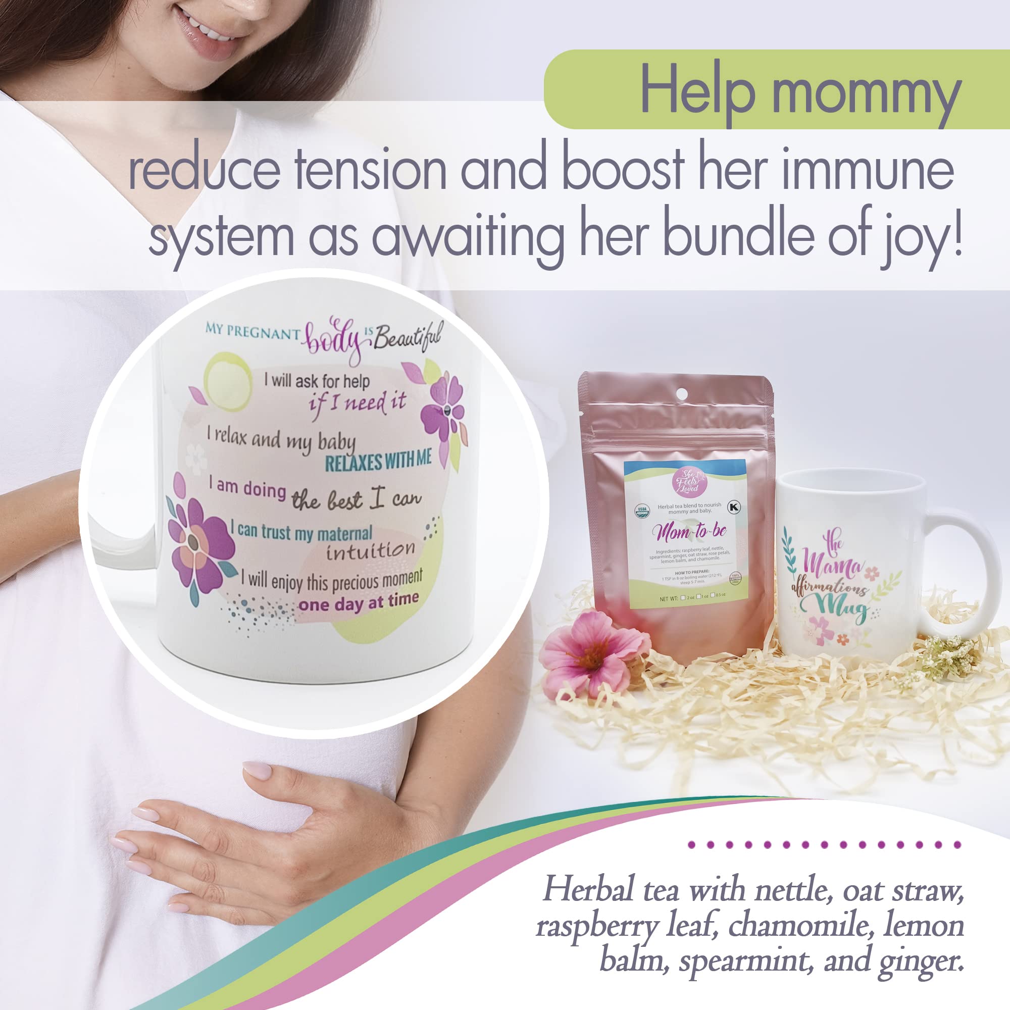 16-Piece New Mom Gift Basket - Pregnancy Care Package with Logbook, Affirmation Cards & Herbal Tea - Thoughtful 1st Trimester Gifts for Expecting Mothers by SHE FEELS LOVED | Perfect Baby Shower, Gender Reveal & Maternity Gift Idea