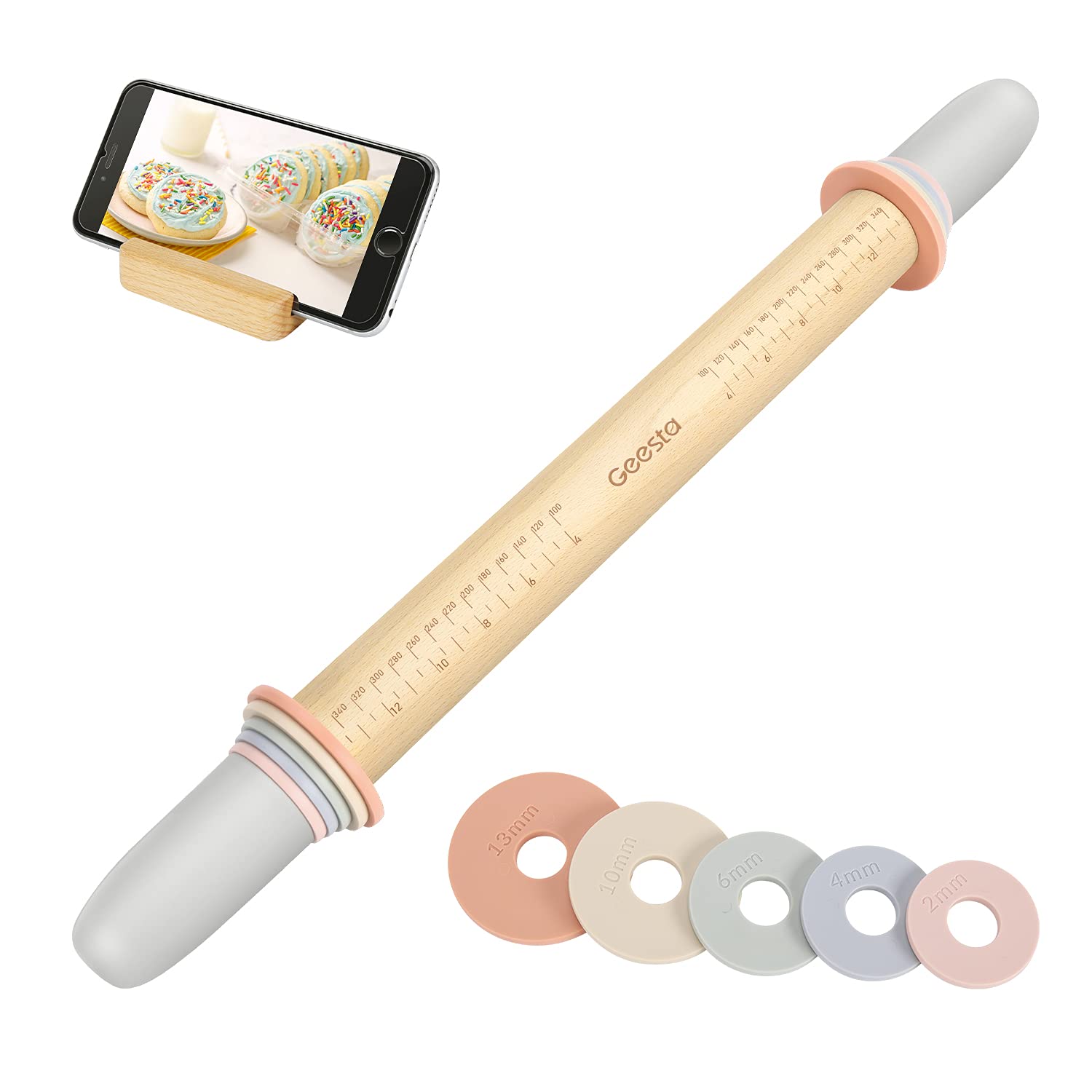 Geesta Adjustable Wood Rolling Pin with 5 Thickness Rings - Precise Dough Roller Handle Press with Measurement Guide for Baking Fondant, Pizza, Pie Crust, Cookies & Pastry | Perfect for Home Bakers, Professional Chefs & Cake Decorating Enthusiasts
