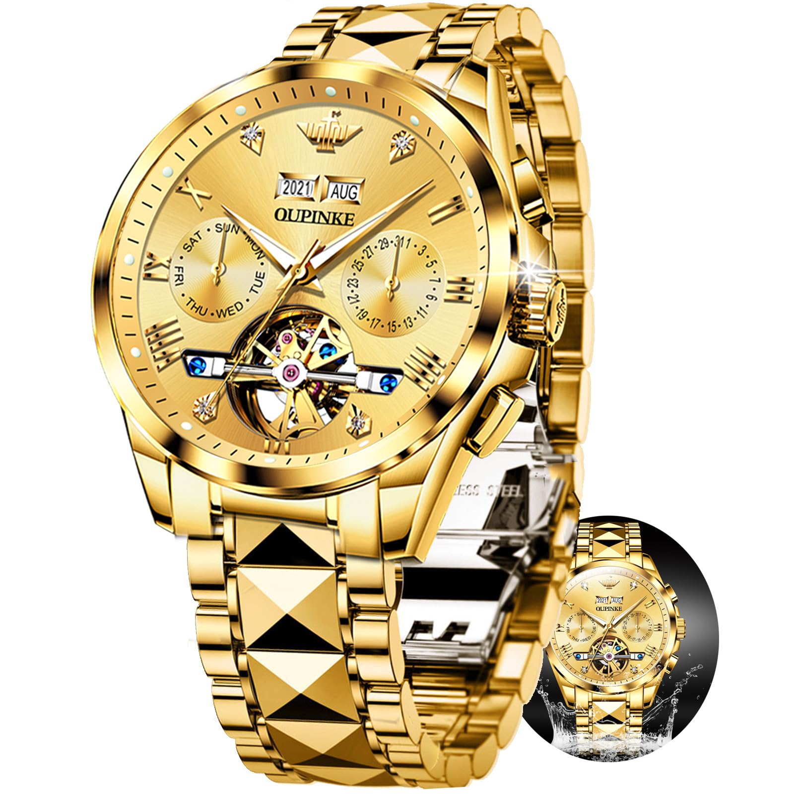 OUPINKE Men's Automatic Skeleton Watch - Self-Winding Mechanical Watch with Sapphire Crystal, 50M Waterproof & Tungsten Steel Case - Perfect for Business, Formal Events & Everyday Wear
