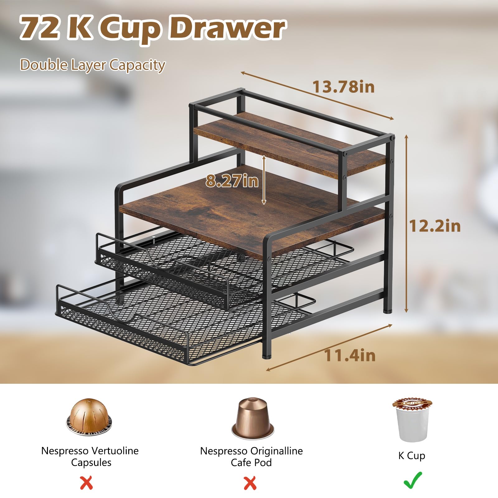3-Tier Coffee Bar Organizer - Rustic Brown K-Cup Storage Rack for Coffee Pods, Syrups & Supplies | Countertop Organizer for Keurig, Nespresso & Coffee Makers | Perfect for Home Kitchen, Office Breakroom & Cafe Stations