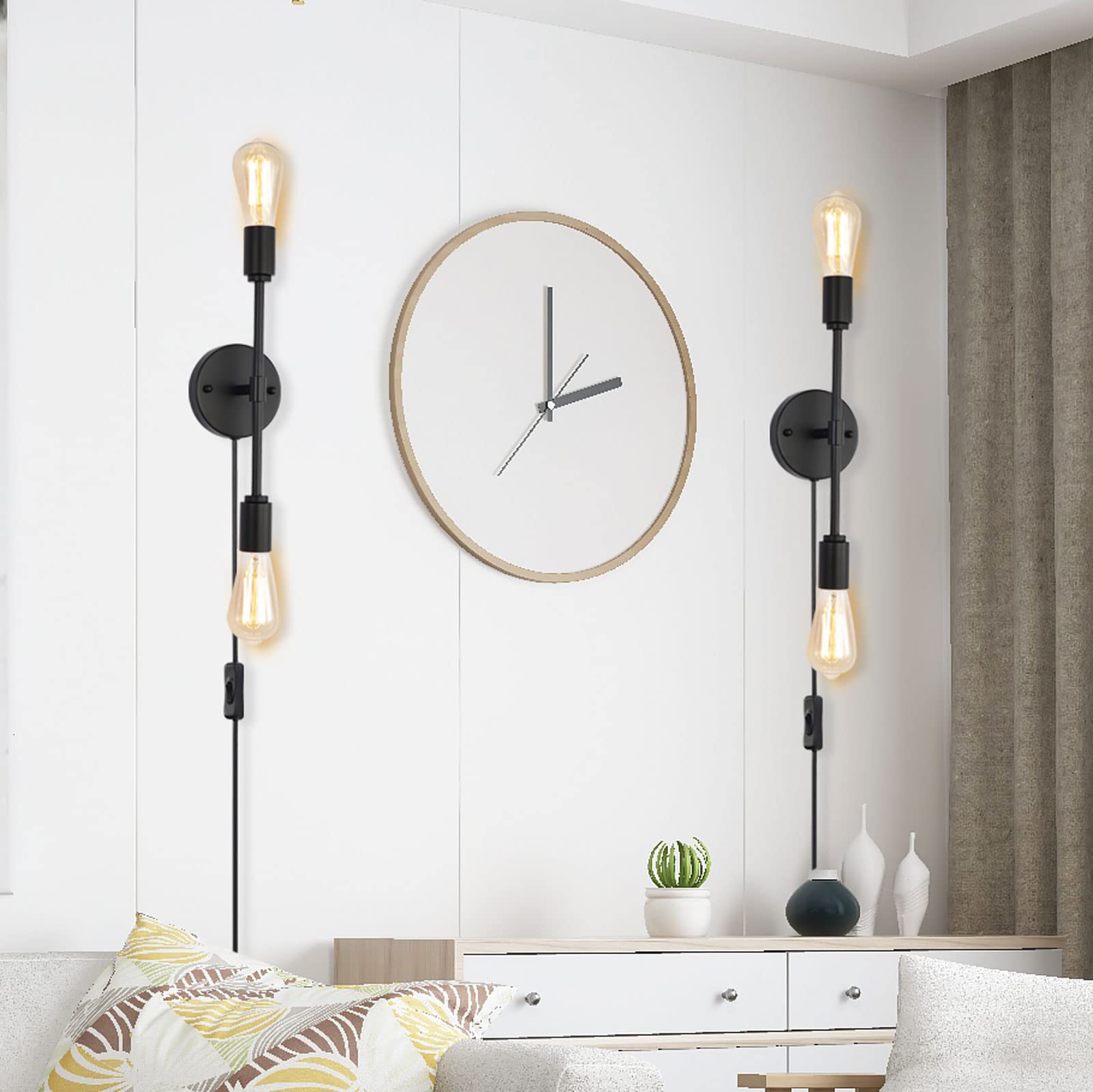 Modern Industrial 2-Light Black Bathroom Vanity Light Fixtures with On/Off Switch Cord - Plug in Wall Sconce Set of 2 for Living Room, Bathroom, Farmhouse, Dining Room - Perfect for Ambient Lighting and Home Decor