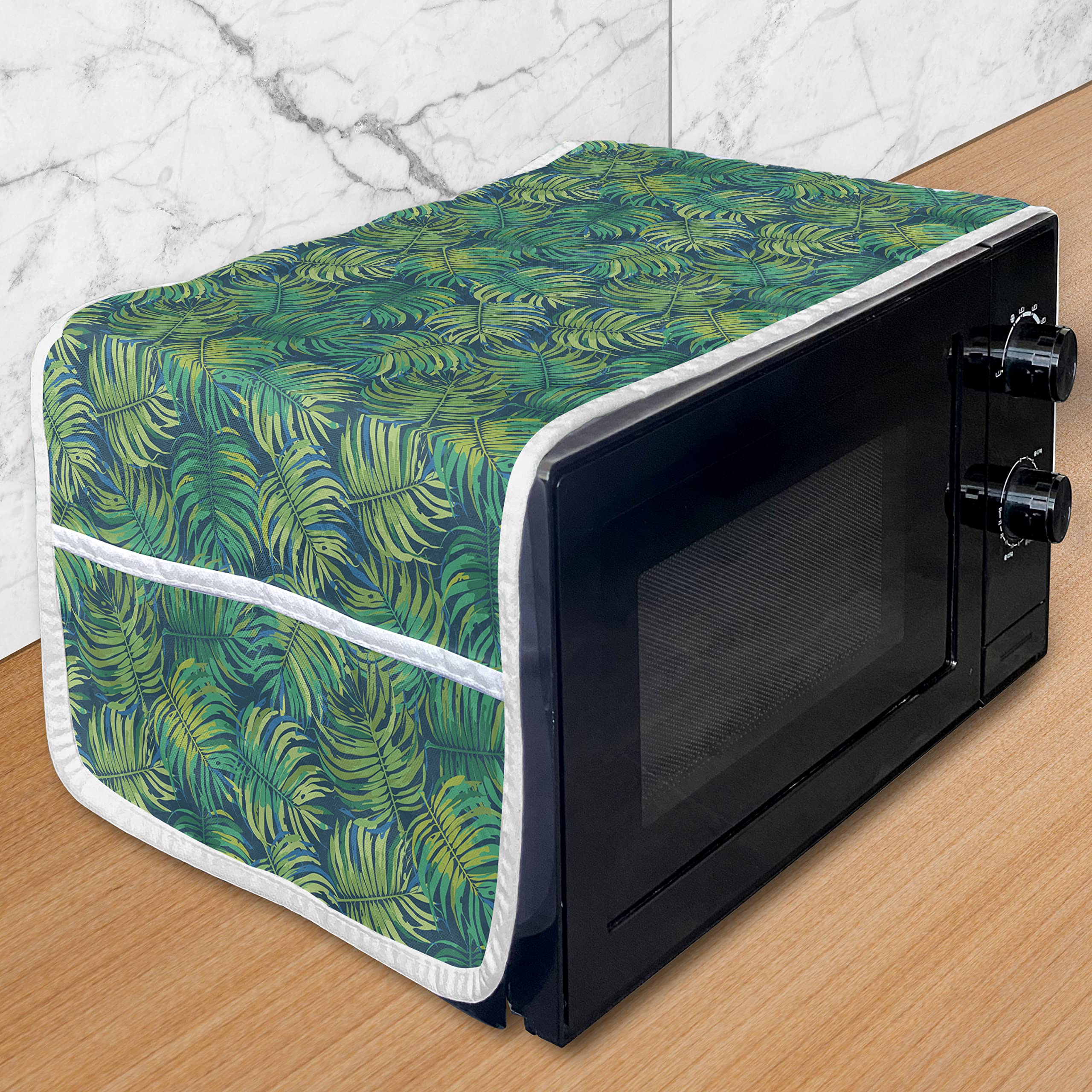 Ambesonne Green Tropical Leaves Microwave Cover - Watercolor Hawaiian Design, Waterproof Kitchen Organizer with Pockets (36