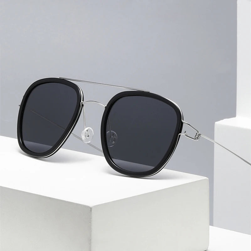 Black Unisex Titanium Square Double Bridge Sunglasses 8205 - Stylish & Durable for Outdoor Activities, Driving, and Fashion