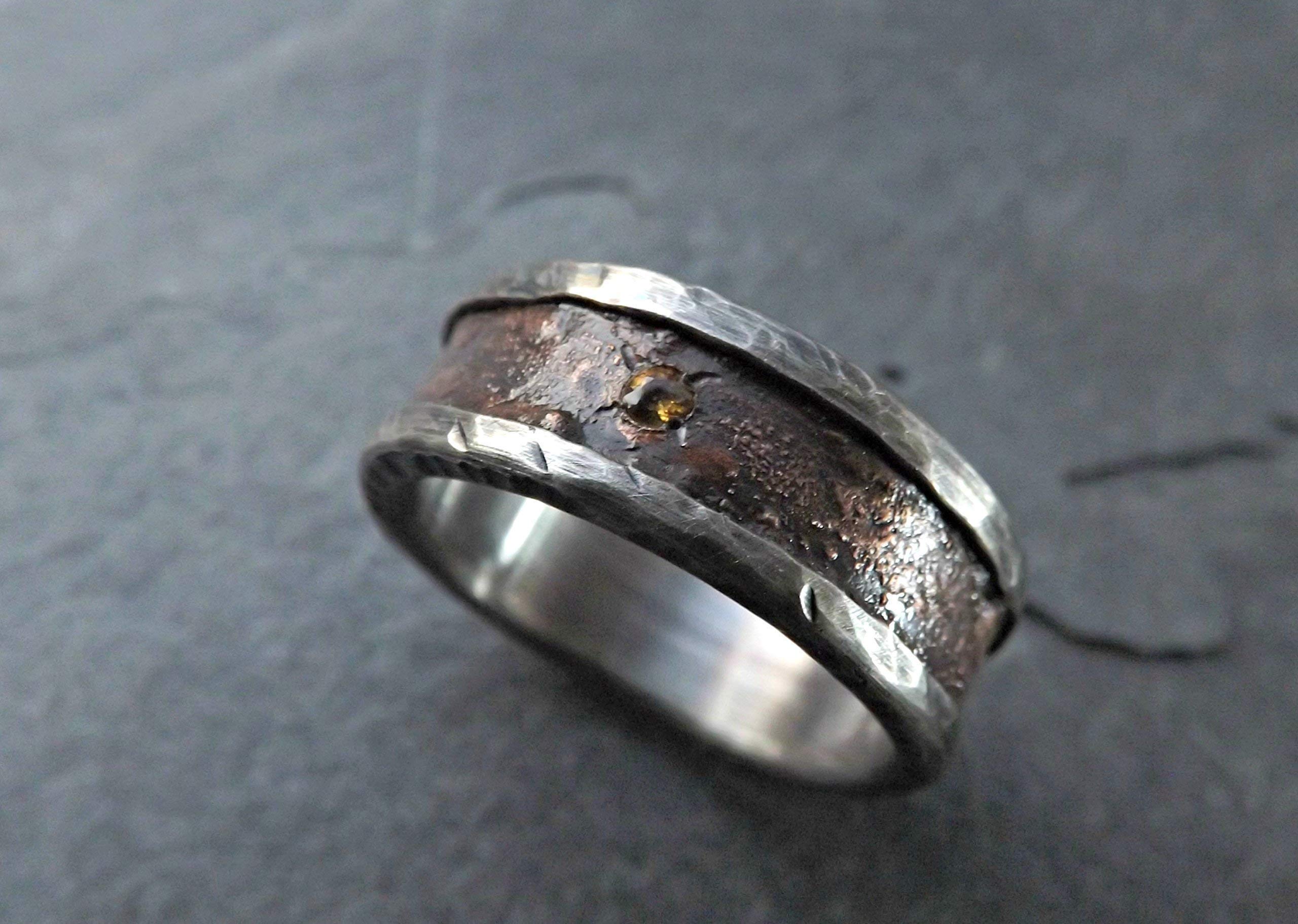 Unique Silver Bronze Men's Ring - Personalized Raw Gemstone Engagement & Wedding Band - Rustic Big Size Birthstone Ring for Men - Perfect for Gifts, Proposals, and Everyday Wear