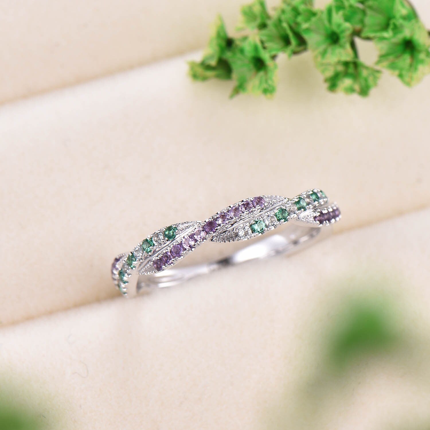 Natural Emerald Wedding Ring | 14K White Gold Amethyst & Aquamarine Half Eternity Stacking Band | Custom Matching Bridal Jewelry Set | Perfect for Engagement, Anniversary & Gift Giving