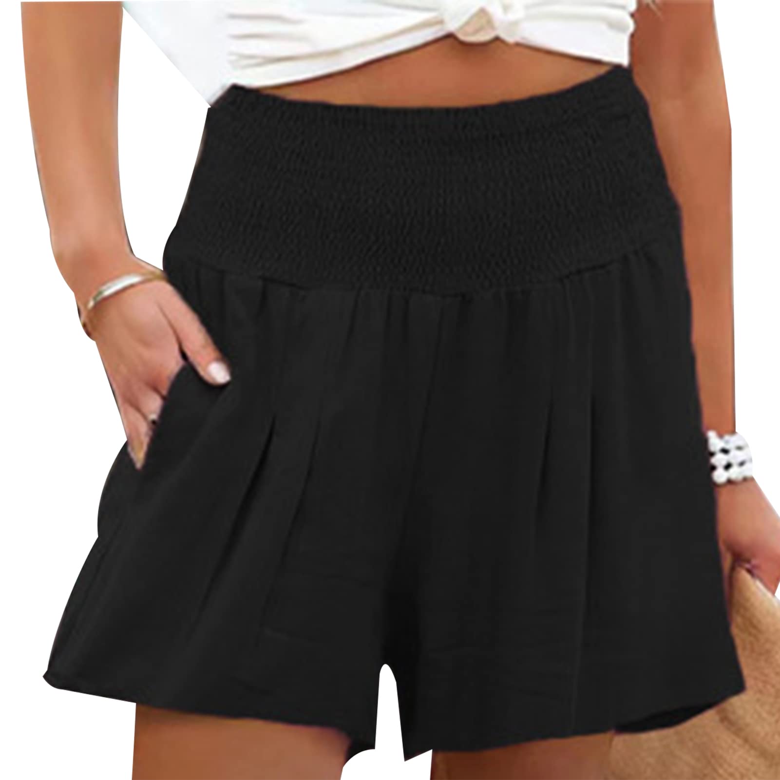 Zerone Women's High Waist Elastic Workout Shorts with Pockets - Solid Color Running Fitness Shorts for Yoga, Gym, and Casual Wear