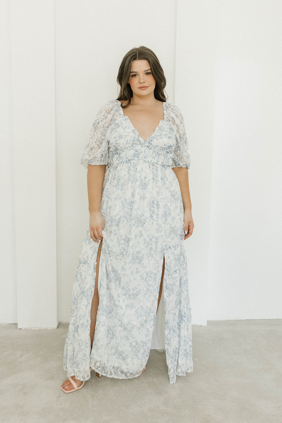 Blue and White Floral Daphne High Slit Eyelet Detail Maxi Dress - Plus Size & Inclusive Sizing - Perfect for Summer Weddings, Beach Vacations & Date Nights