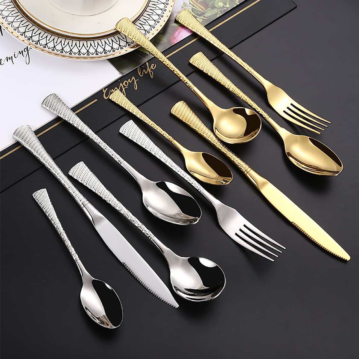 20-Piece Stainless Steel Gold Silverware Set for 4 - Modern Hammered Flatware with Steak Knives | Dishwasher Safe Cutlery Set for Home & Restaurant | Perfect for Dinner Parties, Weddings & Fine Dining