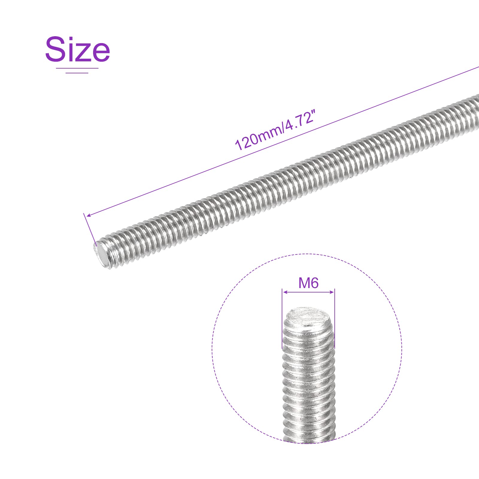 5Pack M6x120mm 304 Stainless Steel Threaded Rods - for DIY & Construction Projects