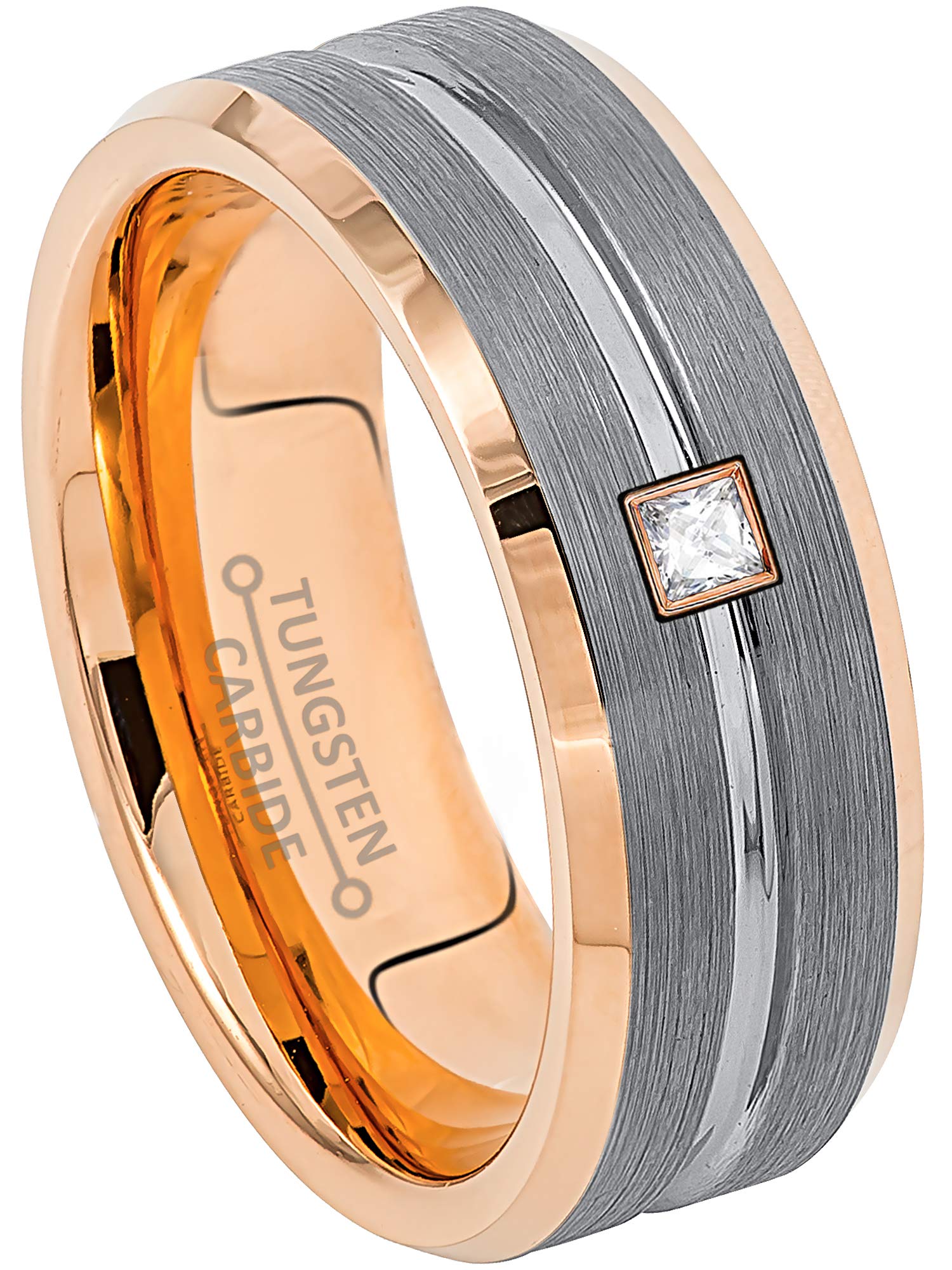 0.05ctw - 0.10ctw Princess Cut Diamond Tungsten Wedding Ring for Men - Two-Tone Rose Gold Grooved Tungsten Carbide Band - April Birthstone Jewelry - Perfect for Anniversaries, Engagements & Special Occasions
