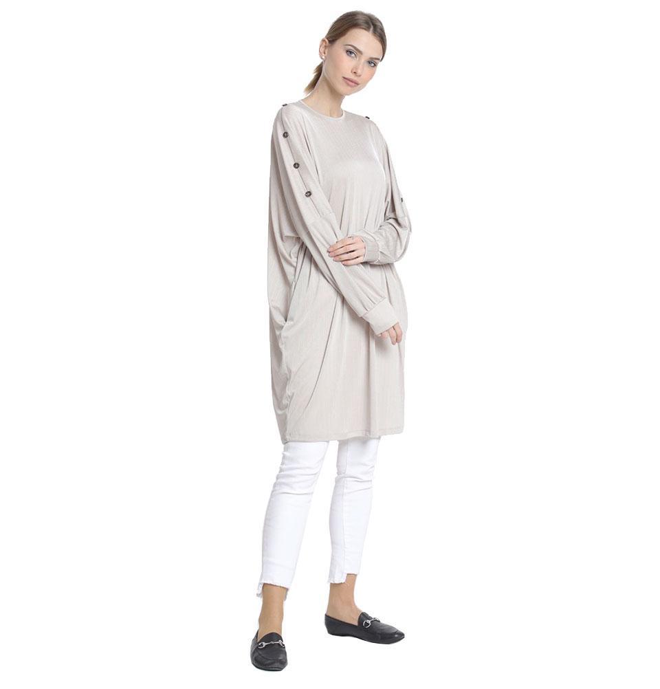 Abaci Modest Oversized Tunic Top 13088 in Beige - Flowy Loose Fit Blouse for Women, Perfect for Casual Wear, Church, and Special Occasions