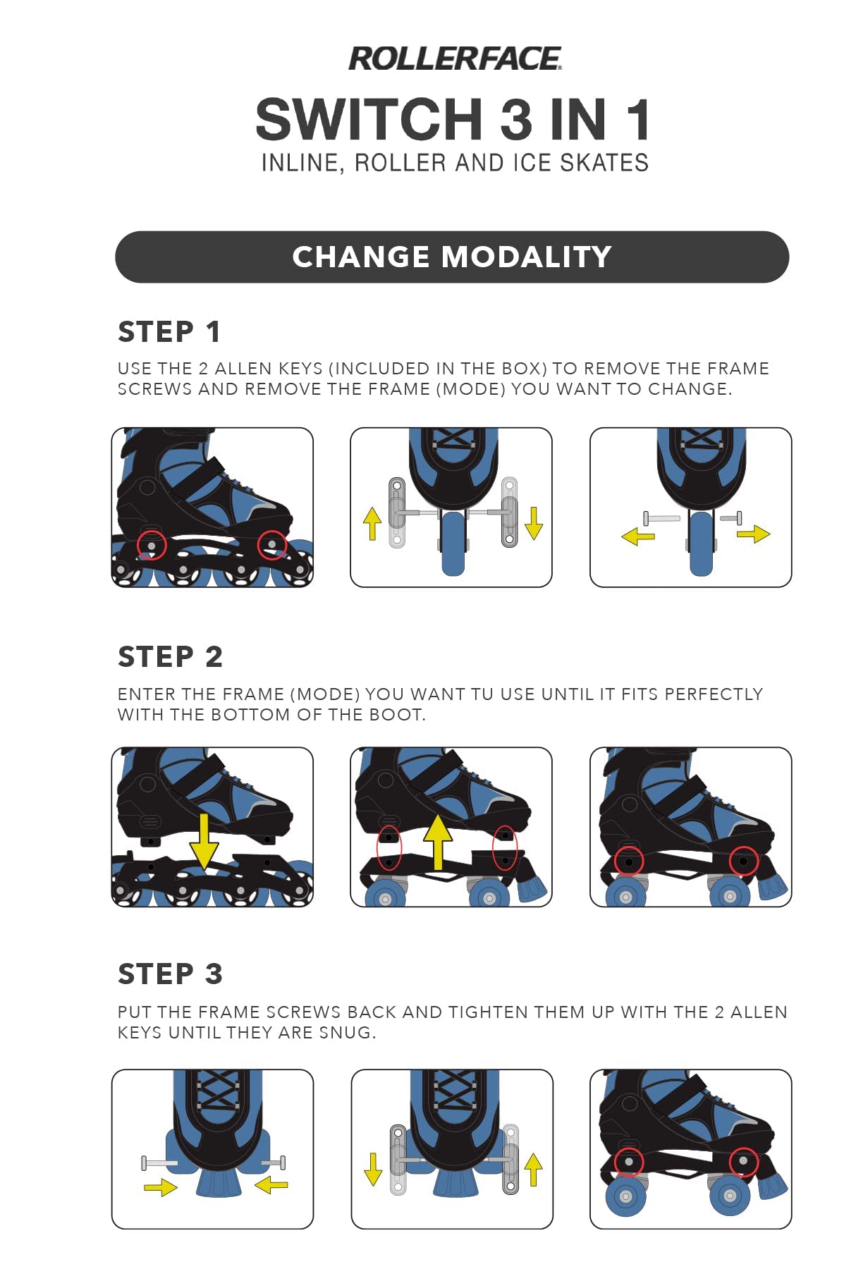 Rollerface Switch 3-in-1 Adjustable Skates - Convertible Inline, Roller & Ice Skates for Sports & Outdoor Fun (Fits 3 Sizes) - Perfect for Kids, Teens & Family Recreation at Parks, Rinks & Trails