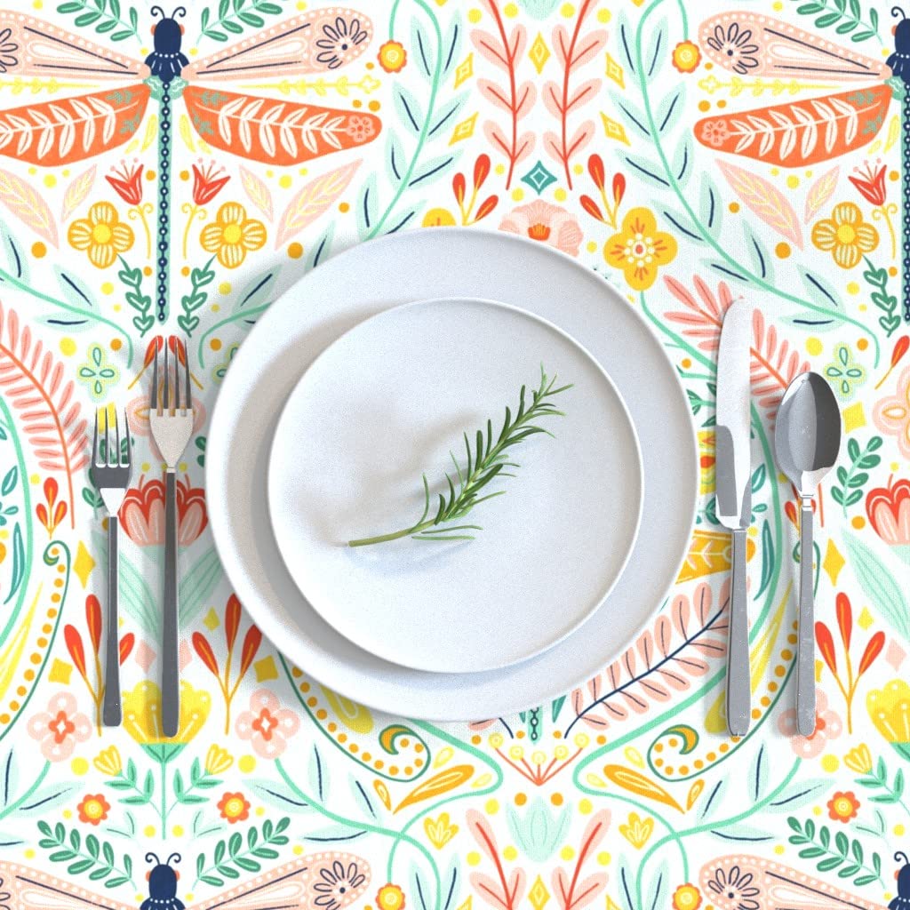 Custom Folk Art Floral Dragonfly Print Cotton Sateen Tablecloth 70x144 Inches - Mint Peach Mustard Blush Design for Dining Room, Kitchen, and Outdoor Picnic Table Decor