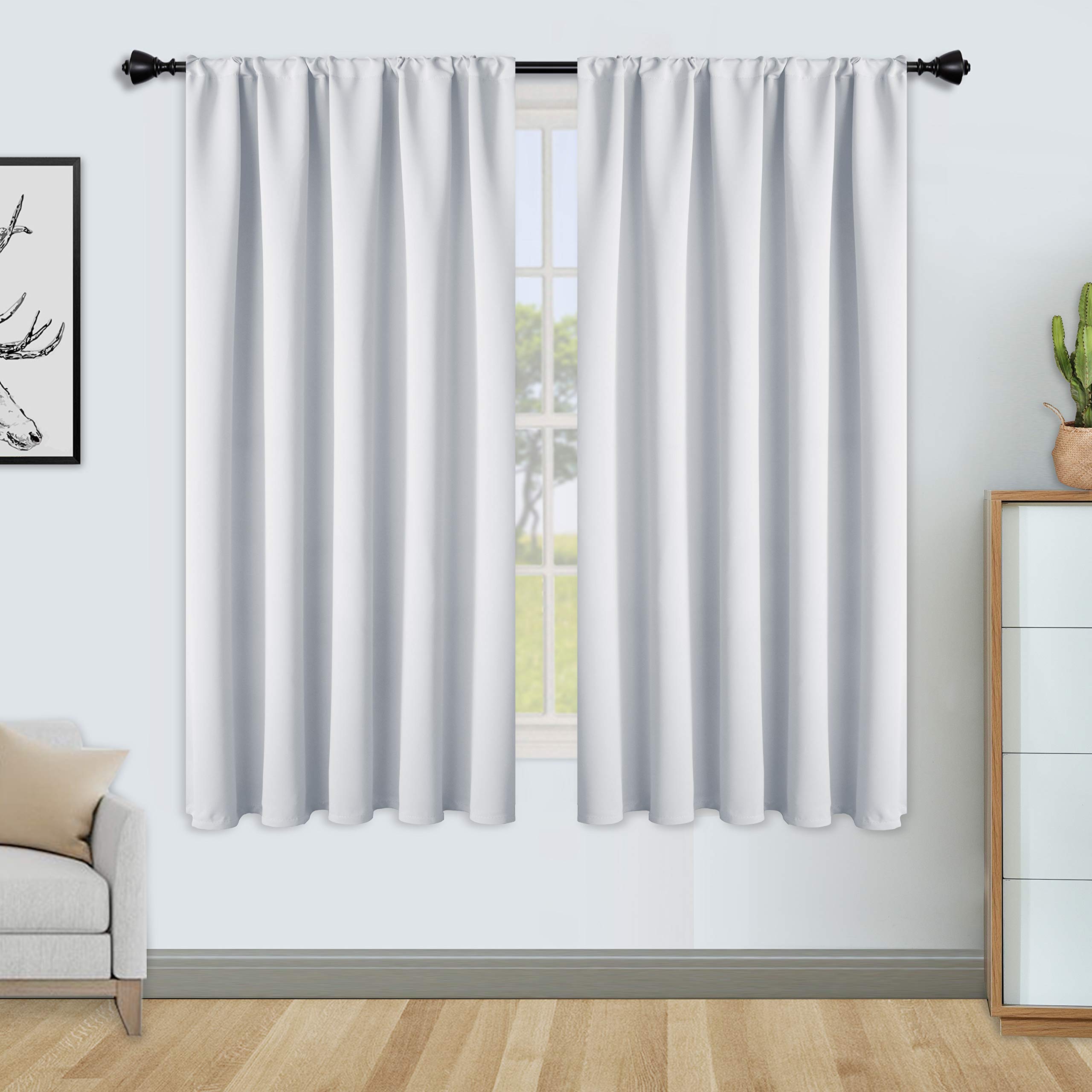 FLOWEROOM Blackout Curtains for Bedroom & Living Room - Thermal Insulated Energy Saving Noise Reducing Window Drapes with Rod Pocket, Greyish White (52x63 Inch, 2 Panels) - Perfect for Home Theater, Nursery & Light Sleepers